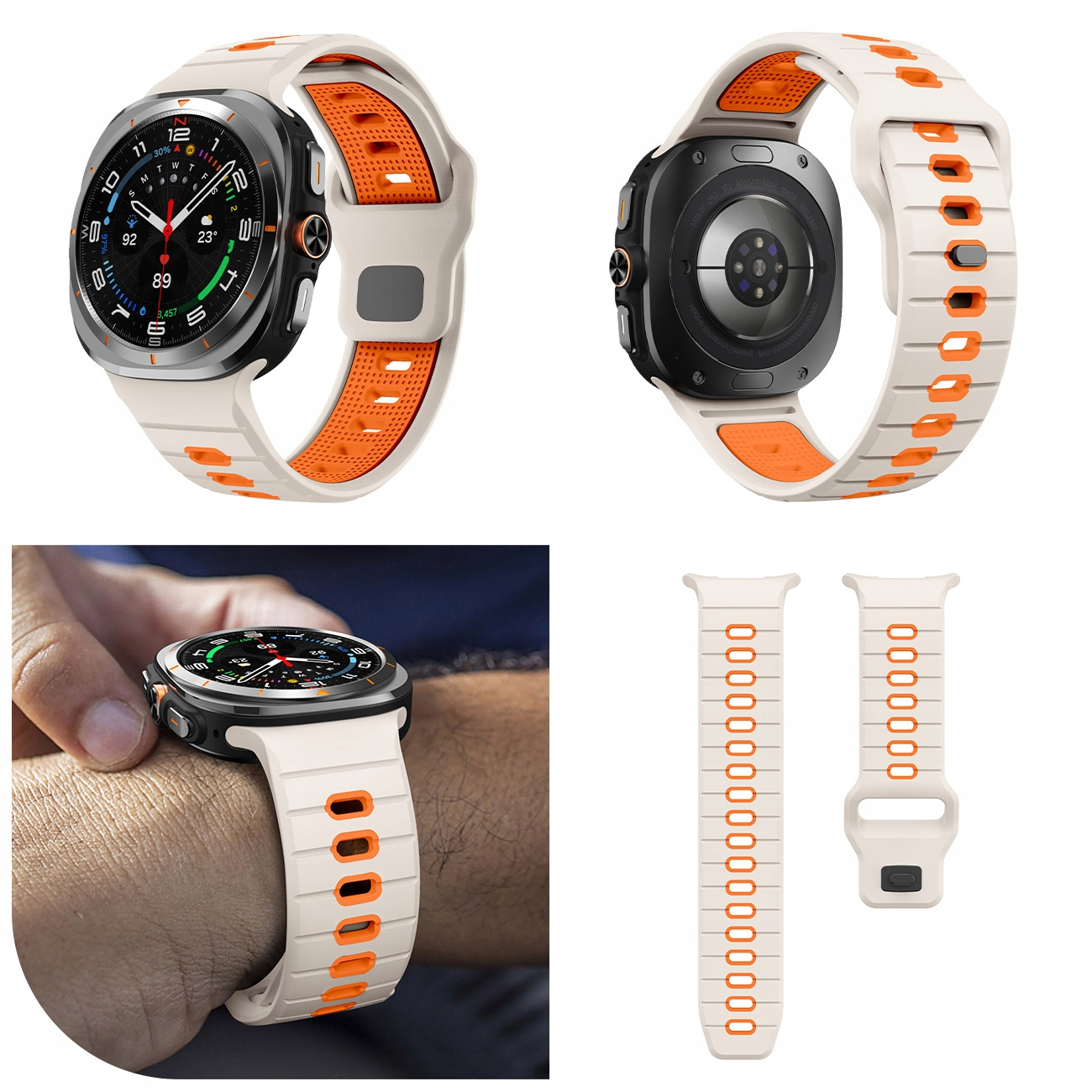 Szaro-pomarańczowy smartwatch z wyświetlaczem i paskiem.
