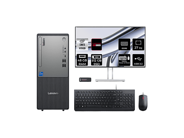 LENOVO ThinkCentre Neo 50T RX550 4GB 27" 12UAS1CF00P969 PER4 Bellek Intel Core i5-14400 48 GB RAM 512 GB SSD FreeDOS Masaüstü Bilgisayar
