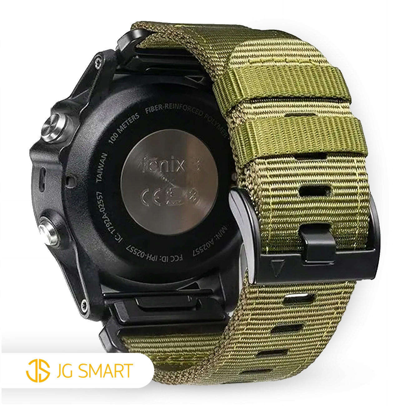 Zielony pasek na czarnym smartwatchu, tył z oznaczeniami.