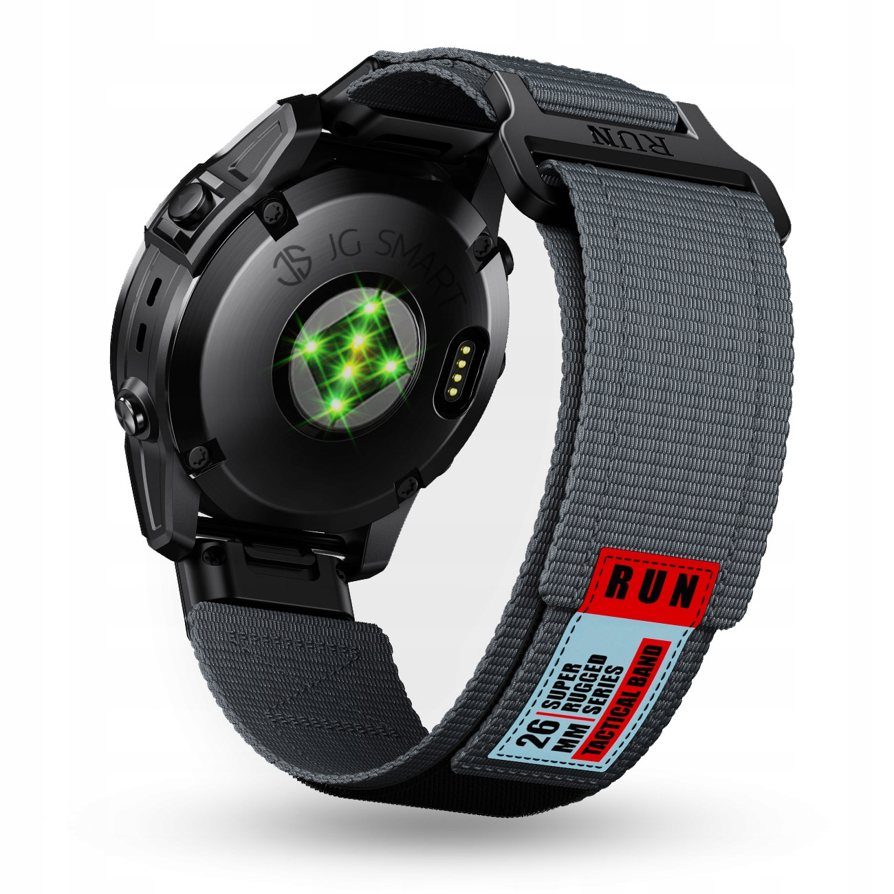 Czarny smartwatch z czujnikiem tętna i szarą opaską tekstylną.