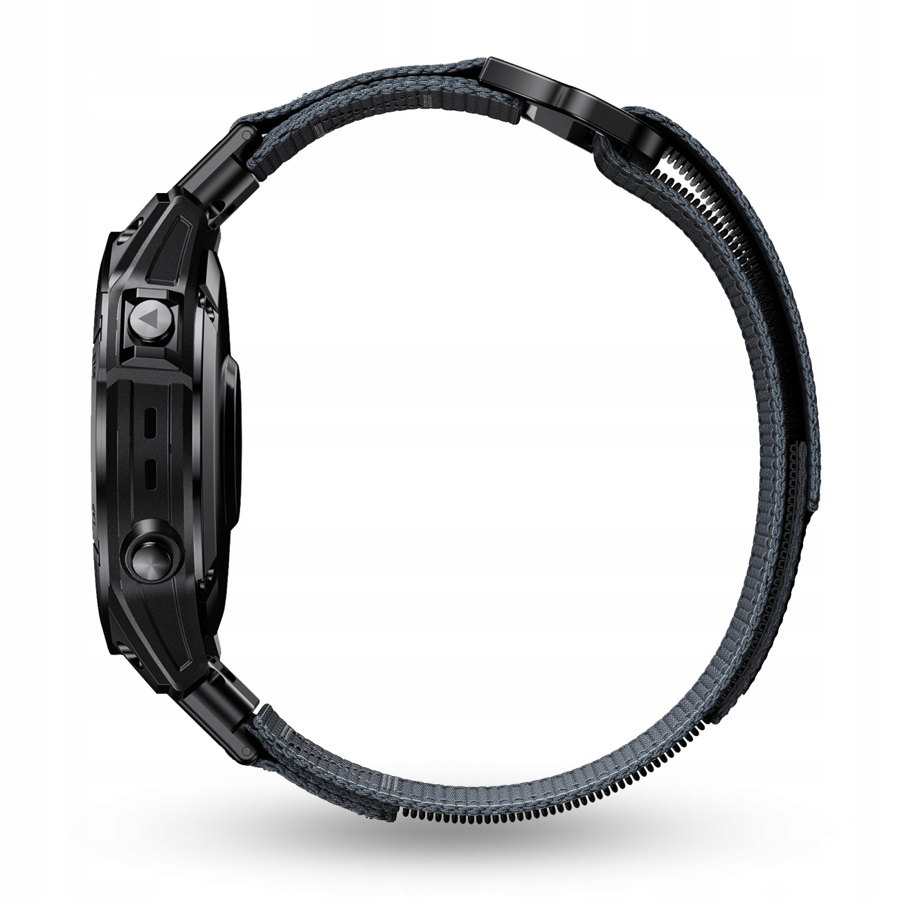 Czarny smartwatch z szarym paskiem z tkaniny i zamkiem błyskawicznym, widok z boku.