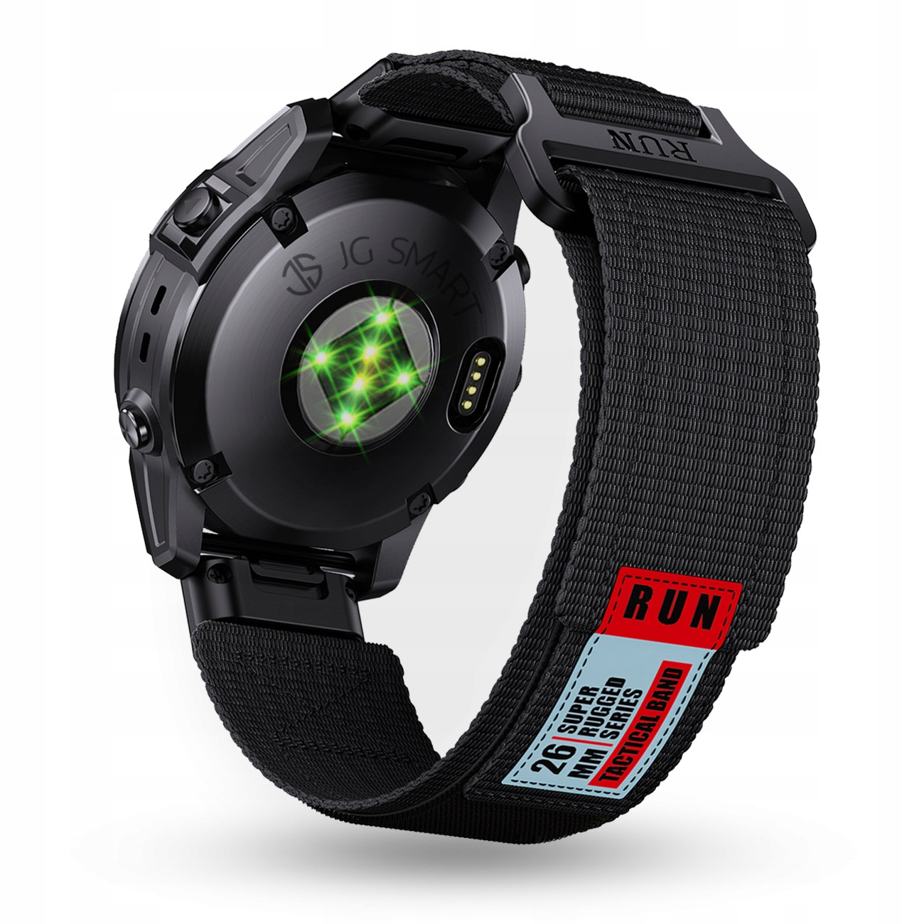 Czarny smartwatch z sensorem tętna i czarną opaską z tkaniny z czerwonym napise