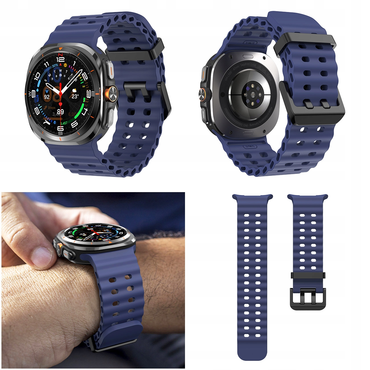 Niebieski smartwatch z perforowaną bransoletą, widok z przodu i tyłu, jeden na nadgarstku.