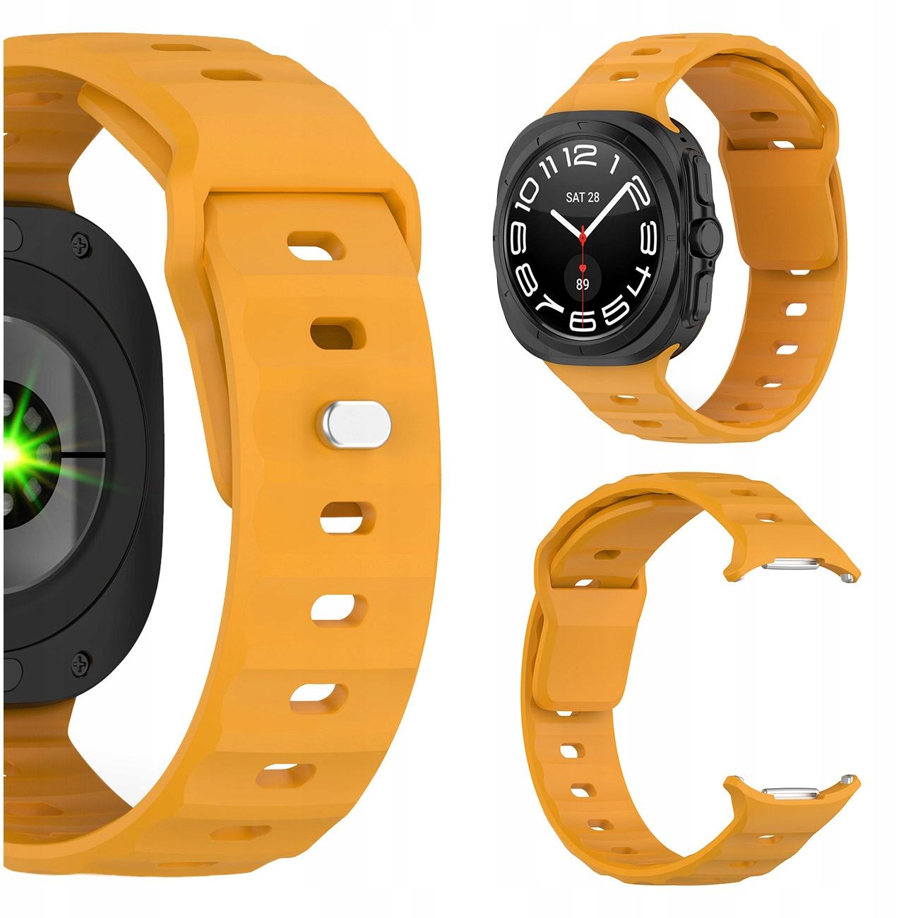 Żółta opaska do zegarka i smartwatch z żółtą opaską na białym tle.