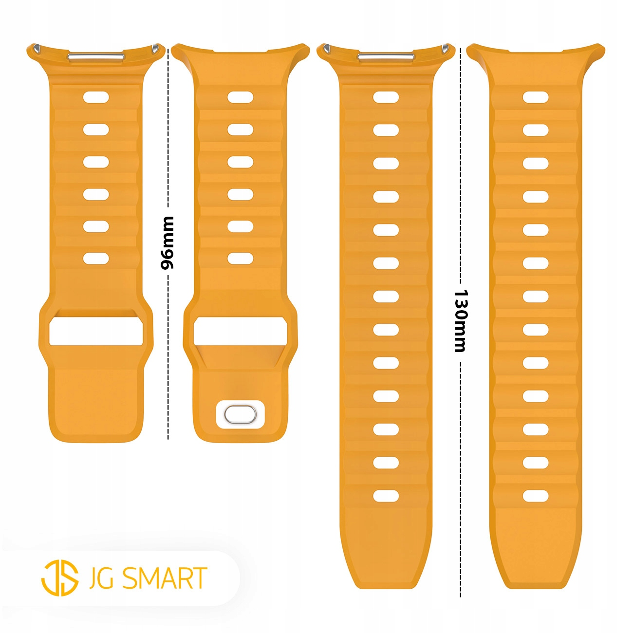 Dwie pomarańczowe paski do zegarka, jeden 96mm, drugi 130mm. Logo JG SMART.