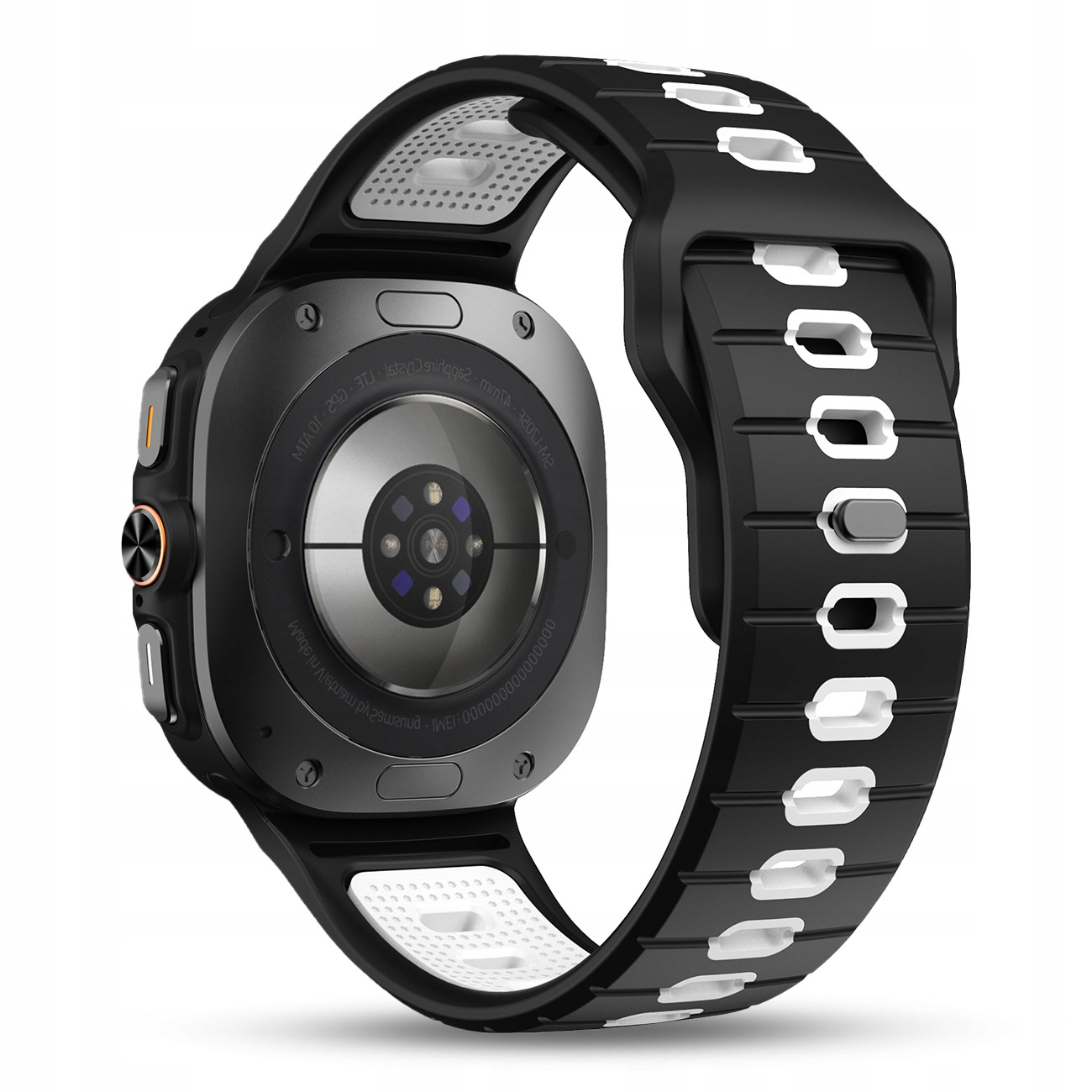 Czarny smartwatch z czujnikiem tętna i białej-czarnej opasce.
