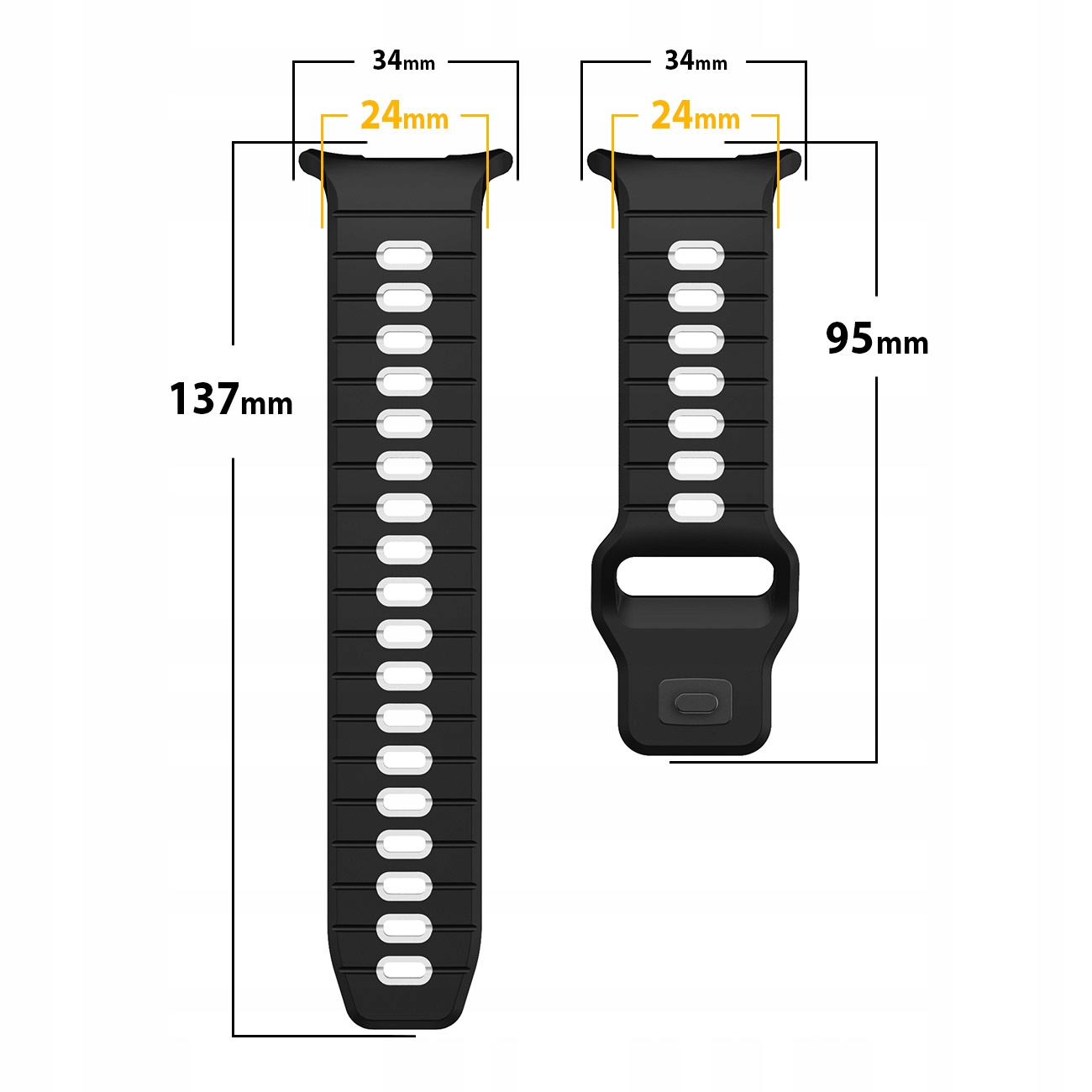 Dwa czarne paski do zegarka o wymiarach: 137mm i 95mm długości, 34mm i 24mm szerokości.
