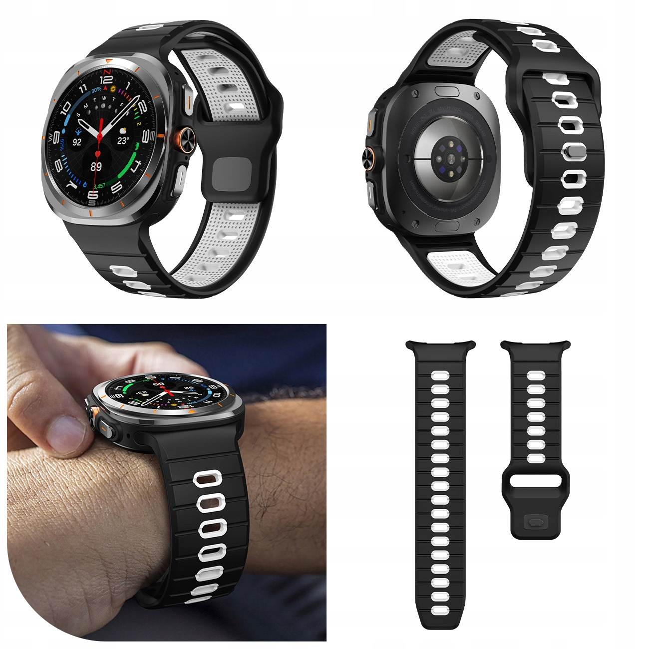 Kolekcja czarnych i białych smartwatchów i pasków do zegarków.