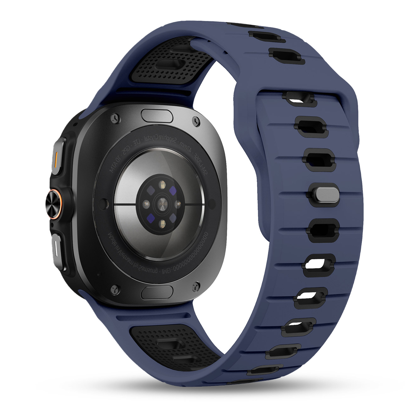 Granatowy smartwatch z czarną obudową i czujnikiem tętna.