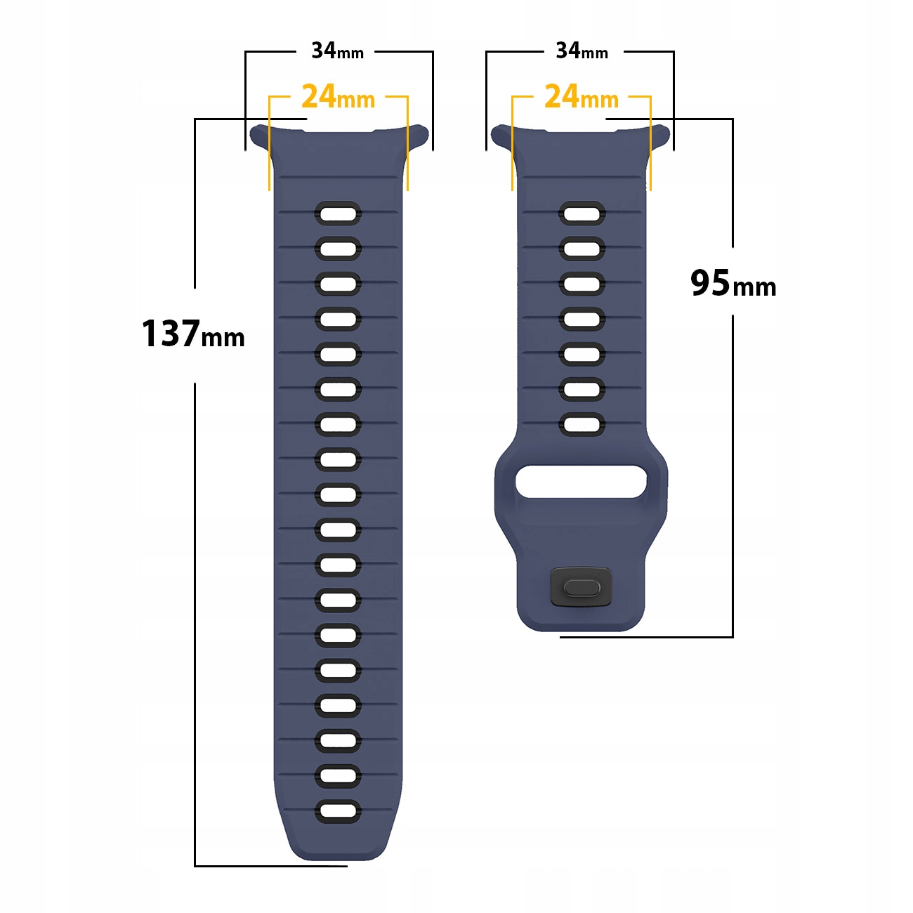 Dwa niebieskie paski do zegarka z wymiarami. Jeden ma 137 mm, drugi 95 mm.