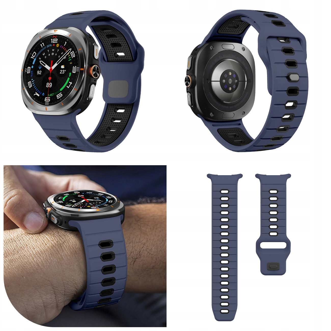 Ciemnoniebieska opaska smartwatch na nadgarstku. Widok z tyłu i części zamienne.