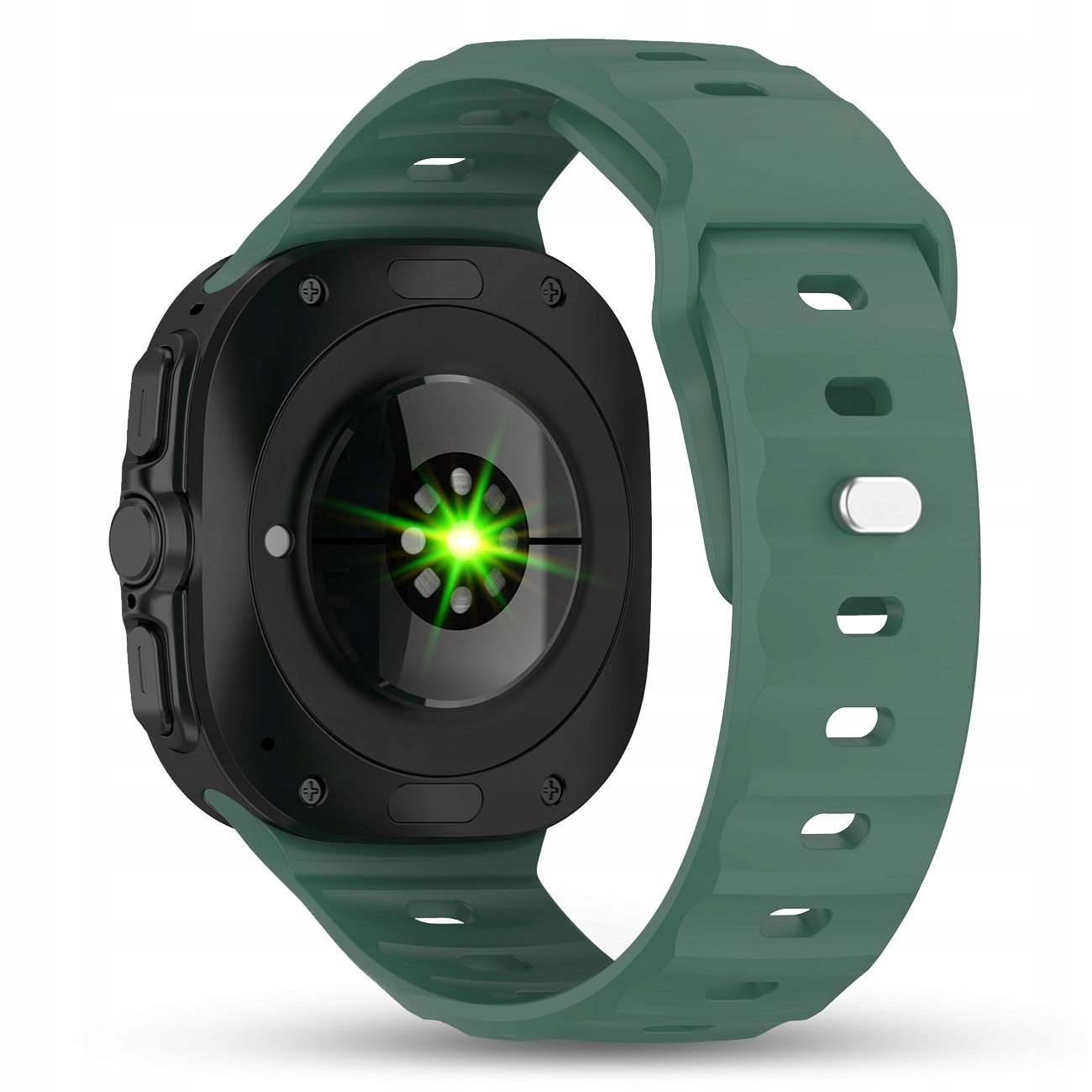 Zielony smartwatch z czarnym tyłem, pokazujący czujnik tętna z zielonym światłem.