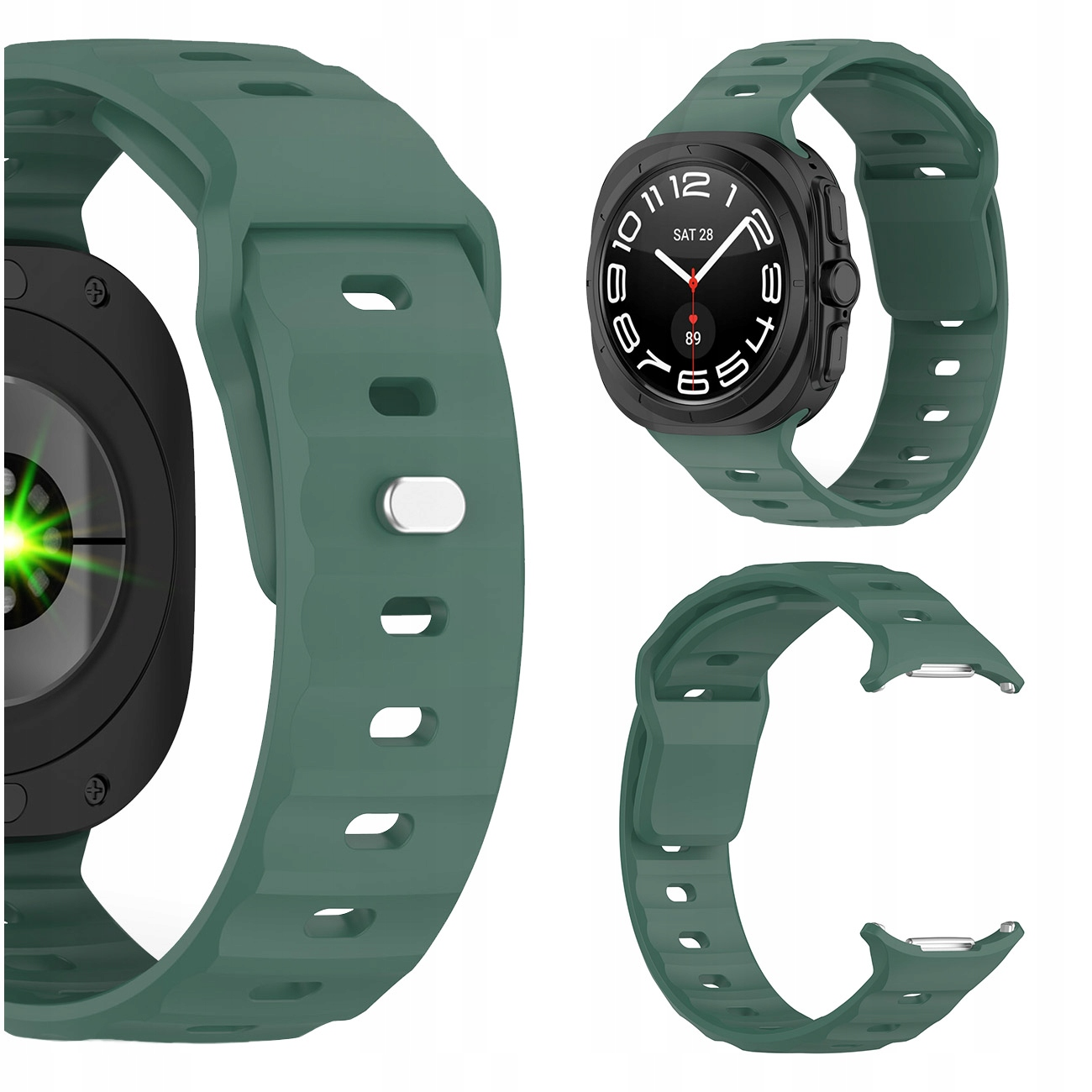 Trzy zielone paski do zegarka i widoczny smartwatch.