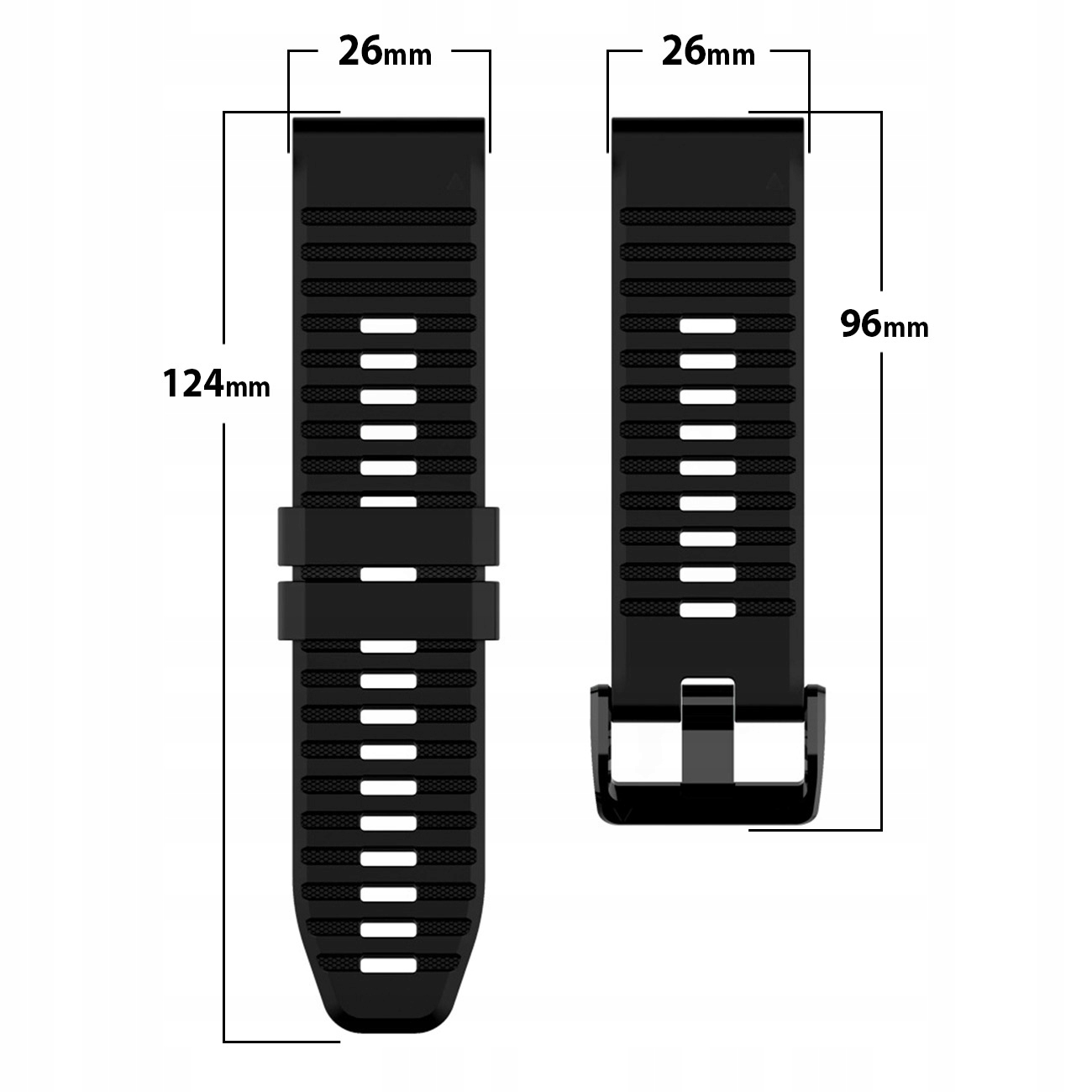 Czarny pasek do zegarka, szerokość 26mm, długość 124mm i 96mm.