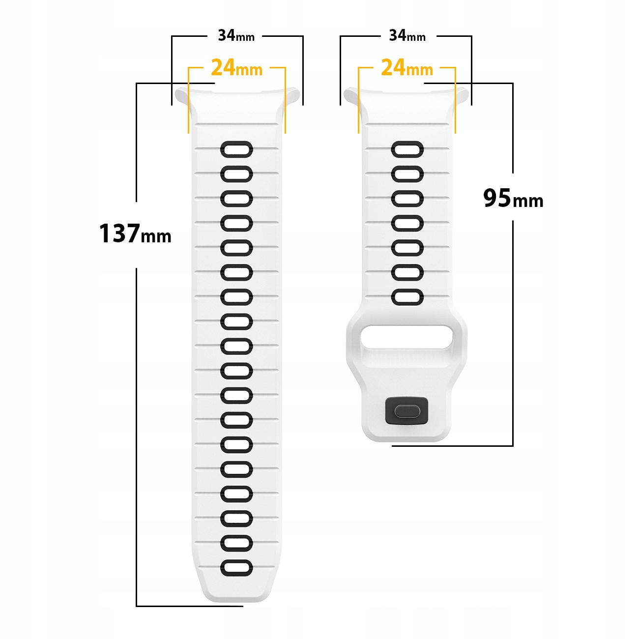 Dwa białe paski do zegarka z wymiarami. Jeden ma 137mm, drugi 95mm.