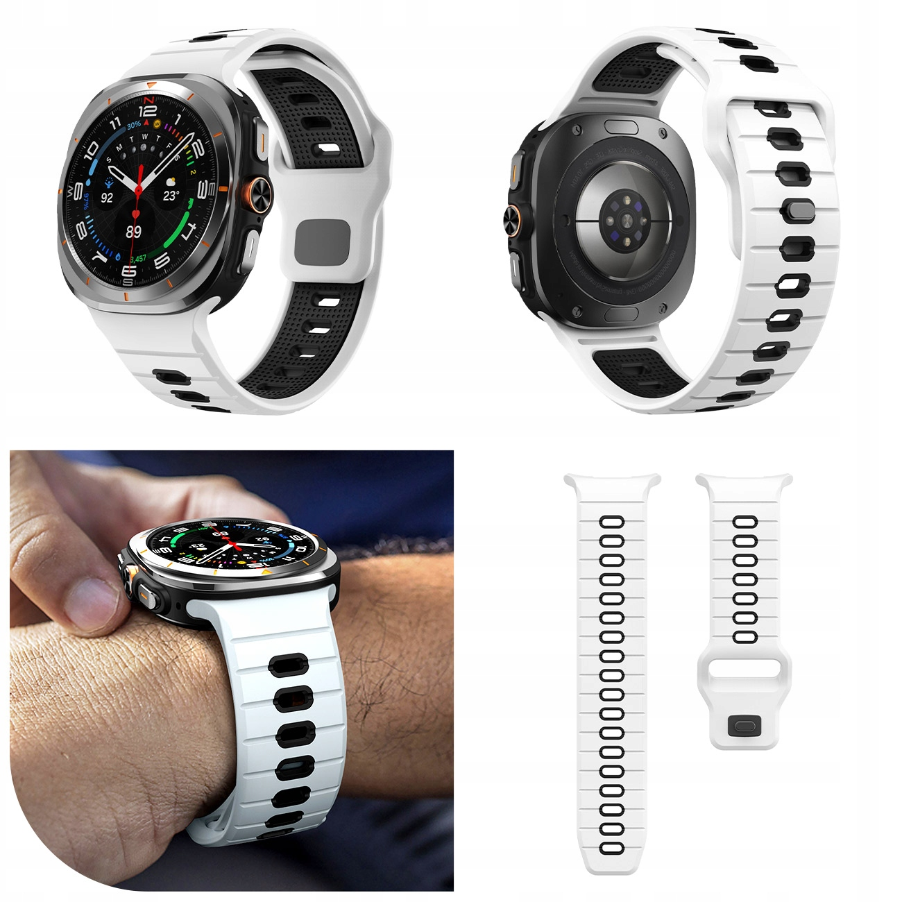 Biały smartwatch z czarnym paskiem, widok z przodu i z tyłu, noszony na nadgarstku.