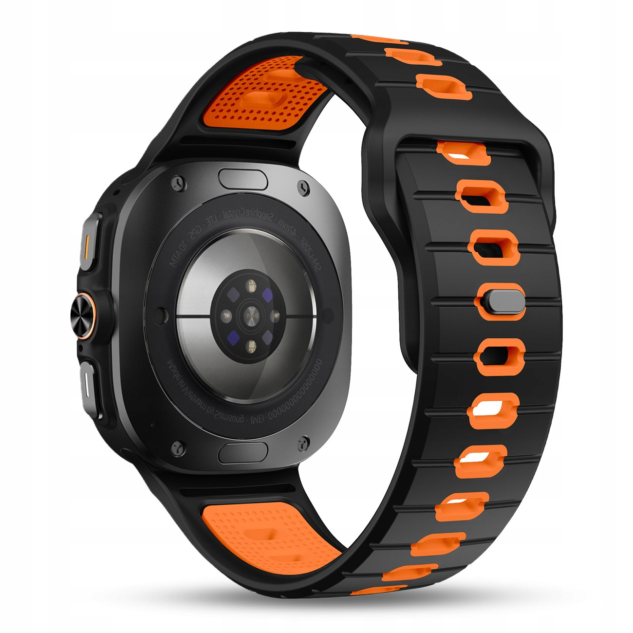 Czarny smartwatch z pomarańczowymi akcentami i czujnikiem tętna z tyłu.