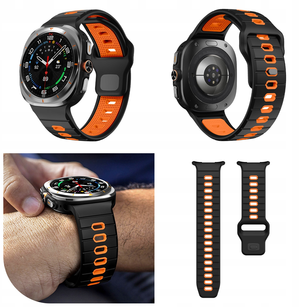 Czarno-pomarańczowa opaska smartwatch z wyświetlaczem i osobnymi paskami.