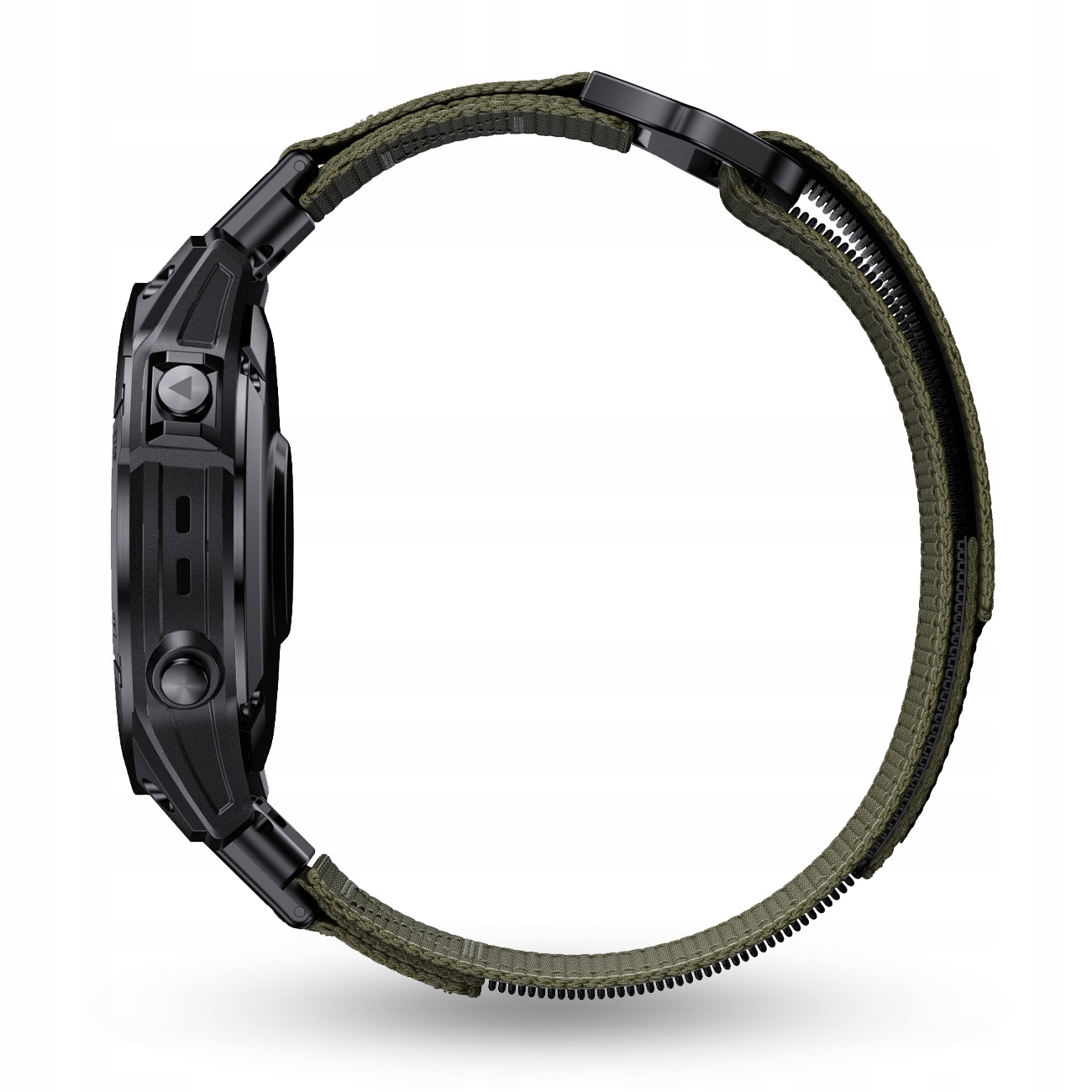 Czarny smartwatch z zielonym paskiem z tkaniny i zamkiem.