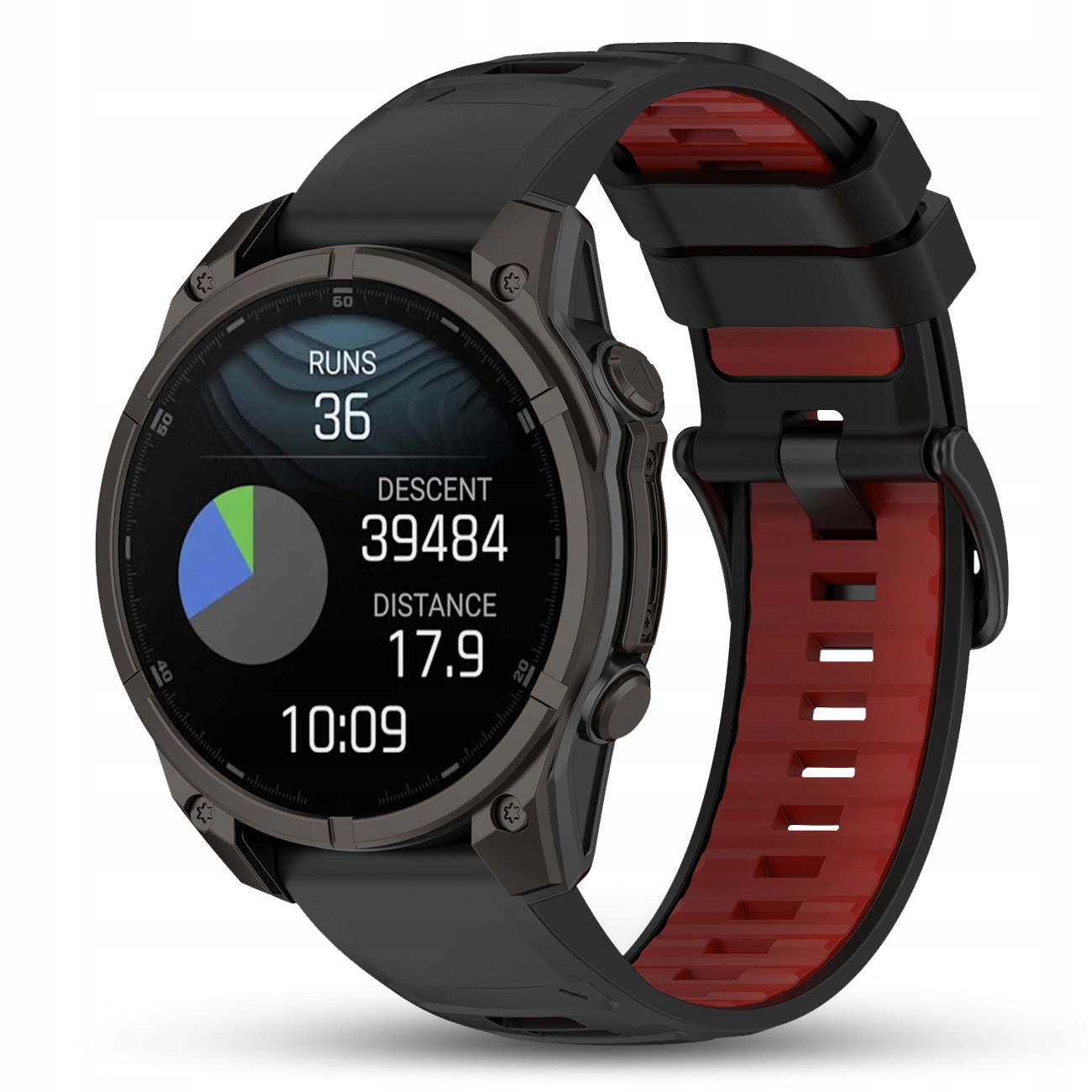 Czarny smartwatch z czerwonym paskiem wewnętrznym, wyświetla statystyki i czas.