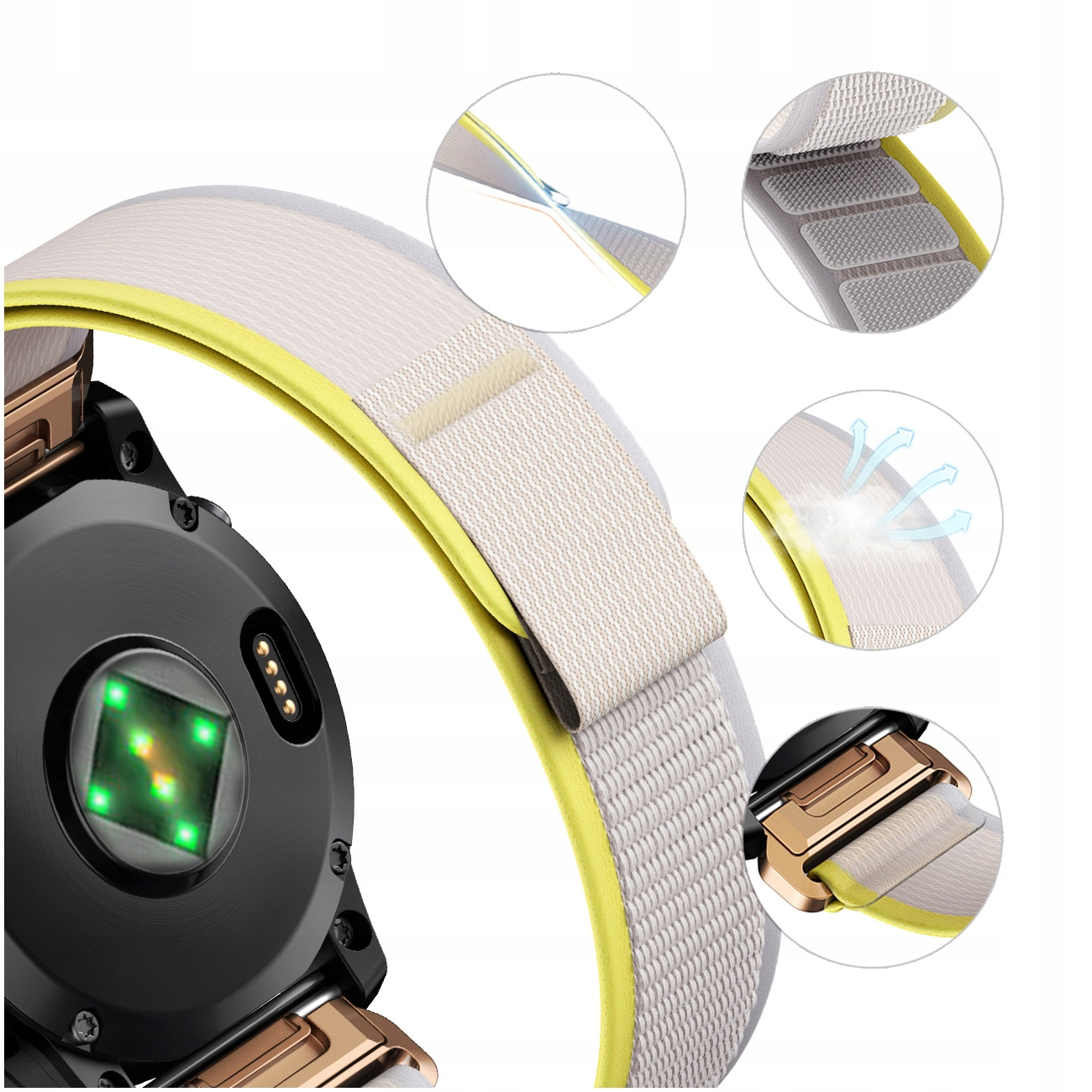 Zbliżenie paska smartwatch z czujnikiem tętna i zapięciem na klamrę.