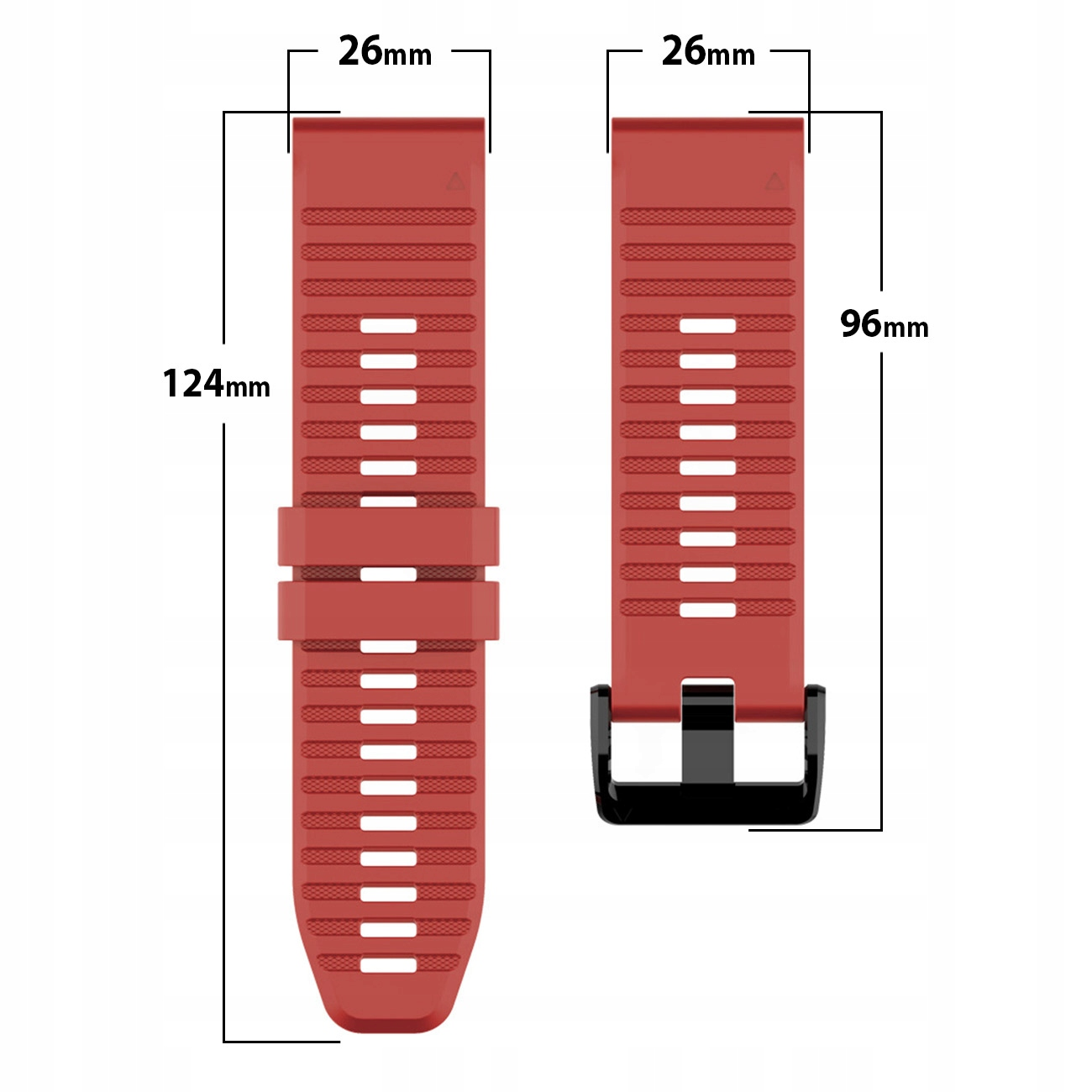 Dwa czerwone paski do zegarka z wymiarami: 124mm i 96mm długości, 26mm szerokości.