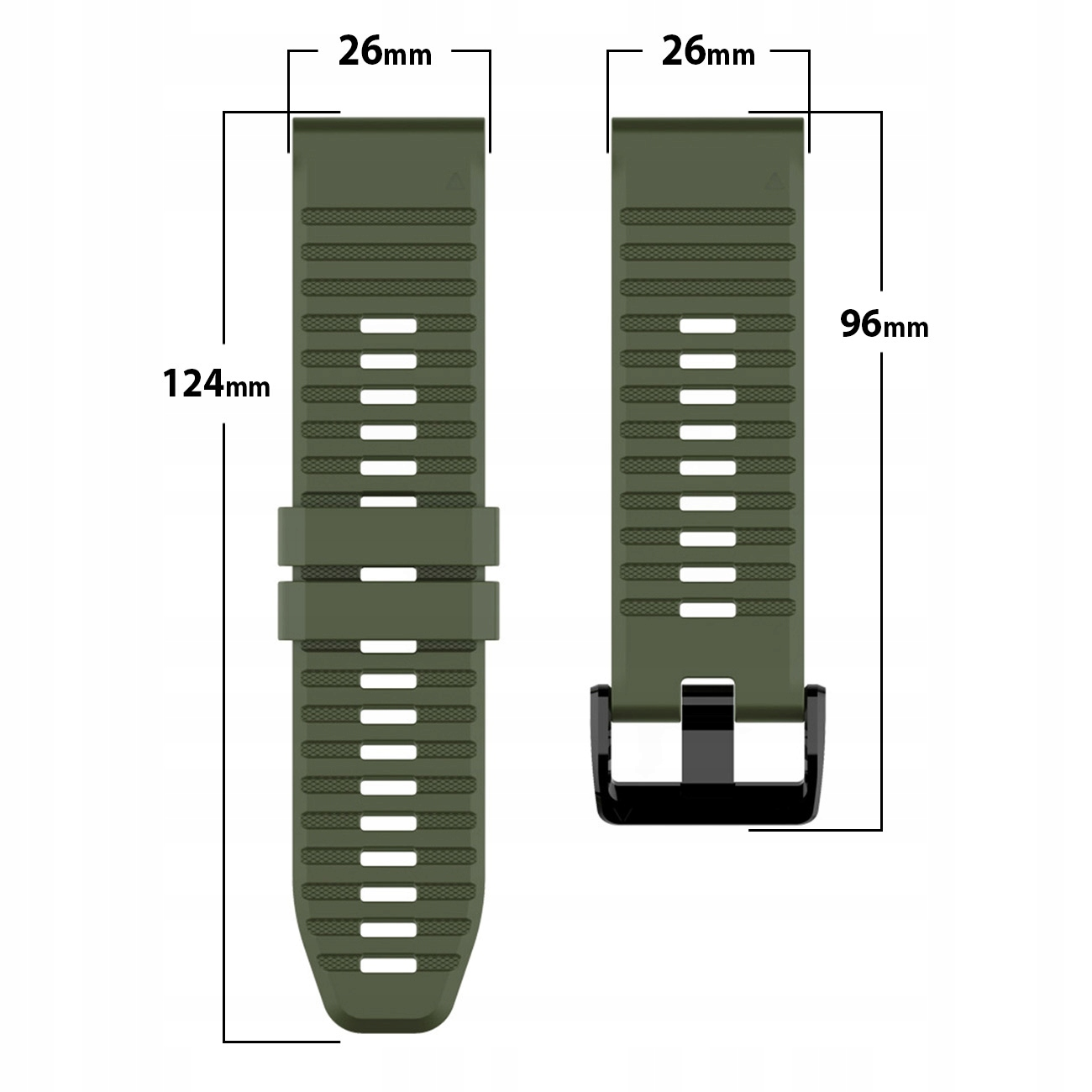 Zielony pasek do zegarka o wymiarach: 124mm x 26mm i 96mm x 26mm.