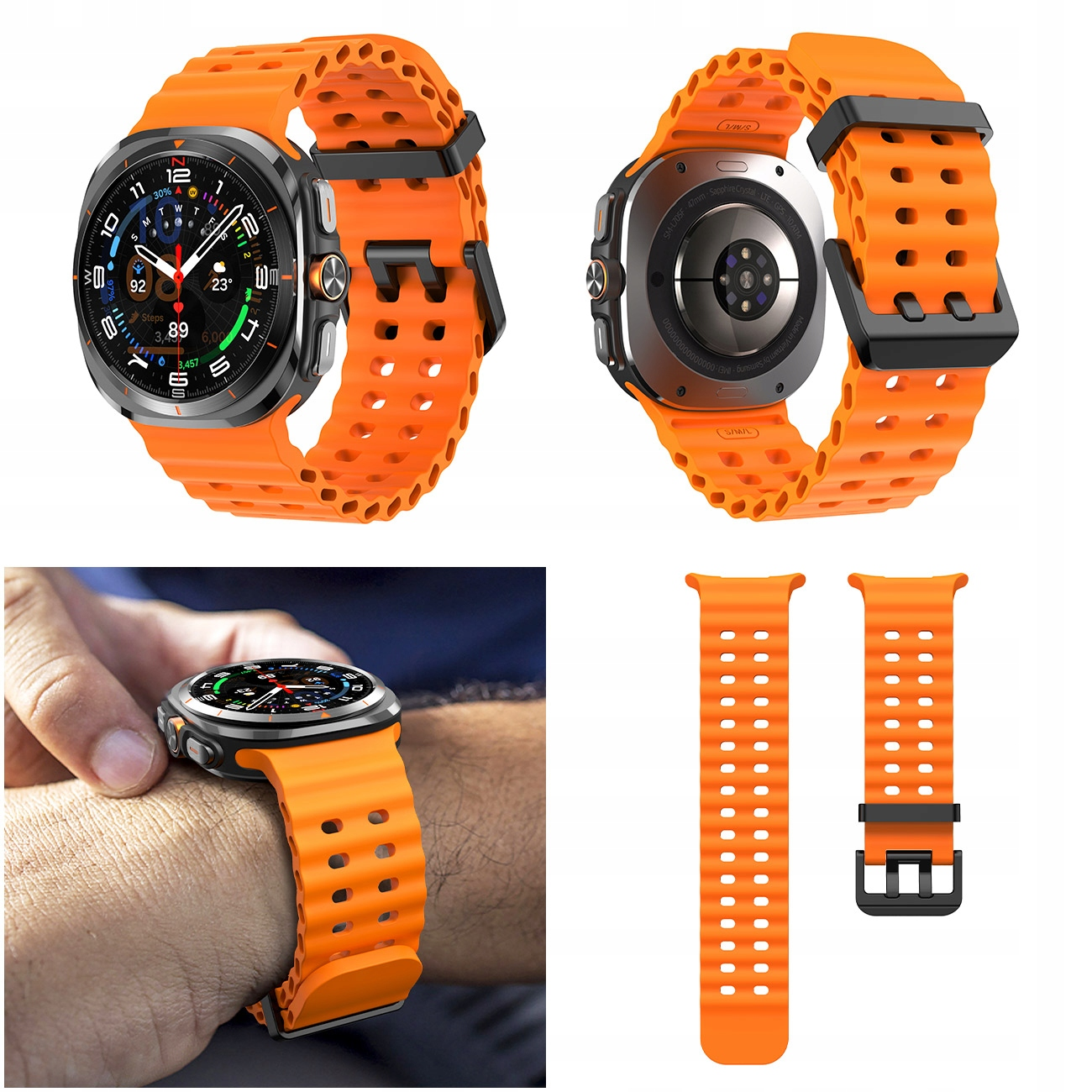 Pomarańczowy smartwatch z cyfrowym wyświetlaczem na nadgarstku, plus osobne paski.
