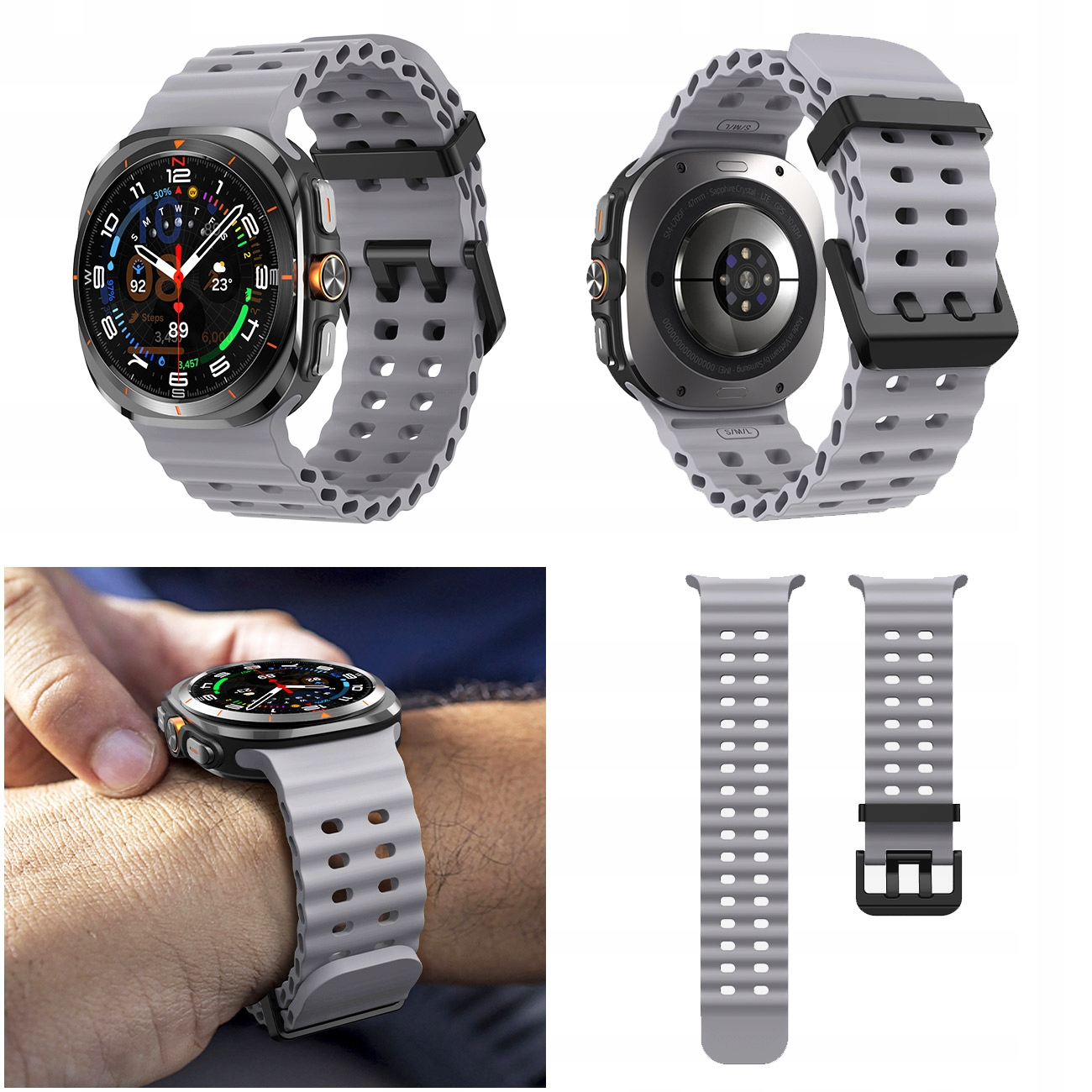Szary smartwatch z perforowaną bransoletą, widok przód/tył i na nadgarstku.