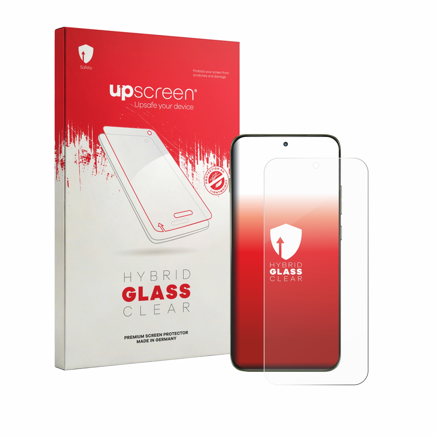 Eine rote Schachtel mit der Aufschrift "upscreen HYBRIDGLASS CLEAR" neben einem Telefon mit Displayschutz.