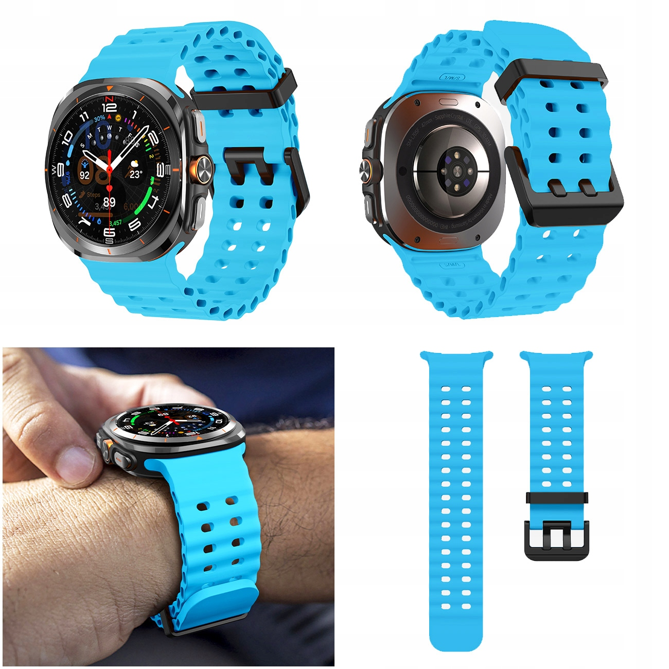 Niebieska, perforowana opaska smartwatch na nadgarstku i osobno.