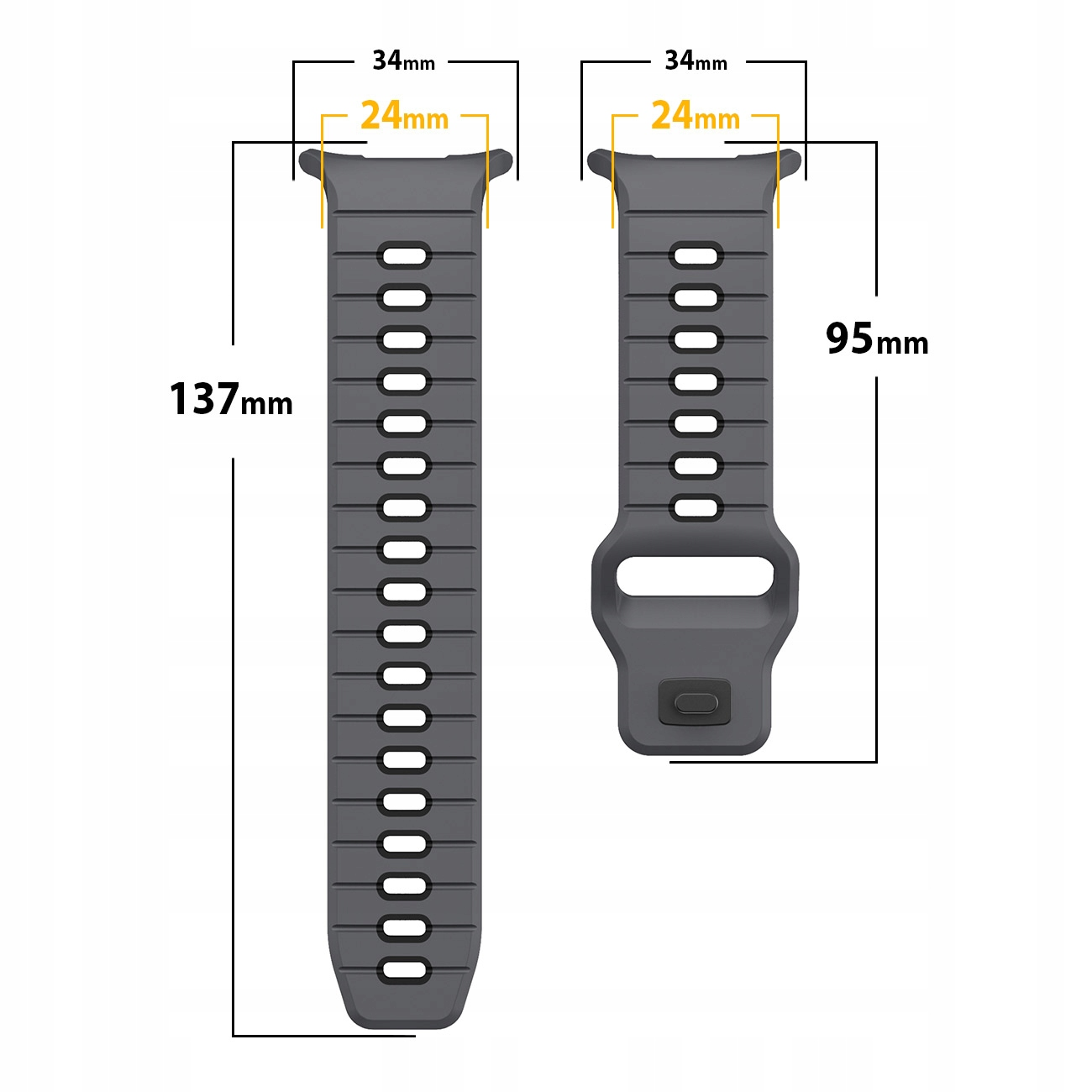 Dwa szare paski do zegarków pokazane z wymiarami 137mm i 95mm.