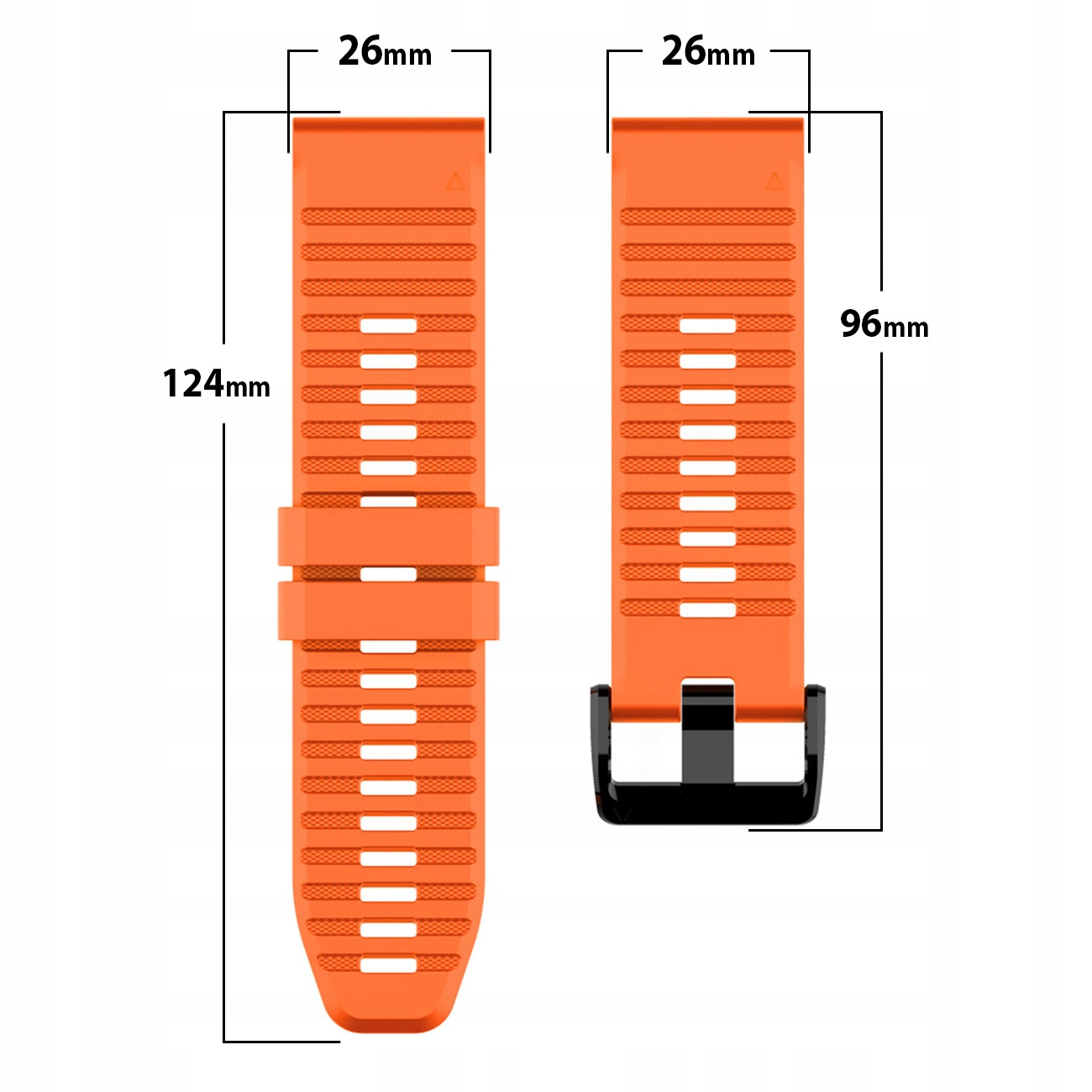 Dwa pomarańczowe paski do zegarka z wymiarami. Jeden 124mm, drugi 96mm.