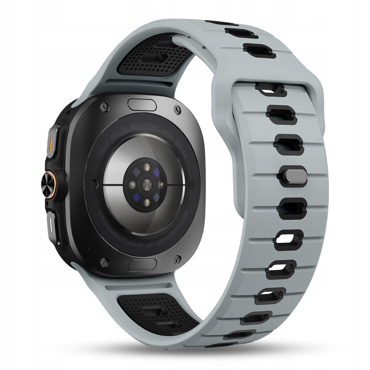 Szara opaska smartwatch z czarną obudową i sensorem tętna.