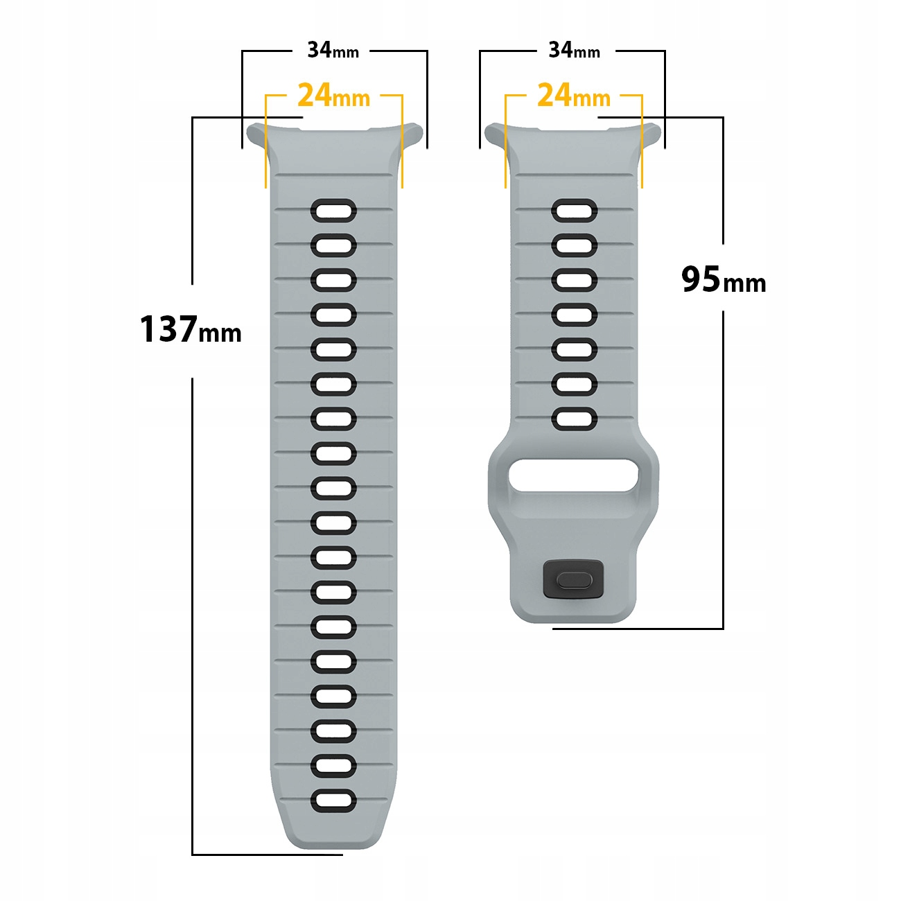 Szare paski do zegarka o wymiarach: 137mm i 95mm długości, 34mm i 24mm szerokości.
