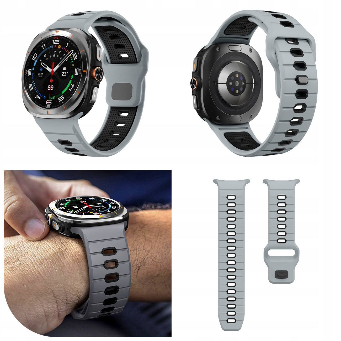 Smartwatch z szarym paskiem. Widok z przodu i z tyłu, oraz na nadgarstku. Pokazano dwa elementy paska.