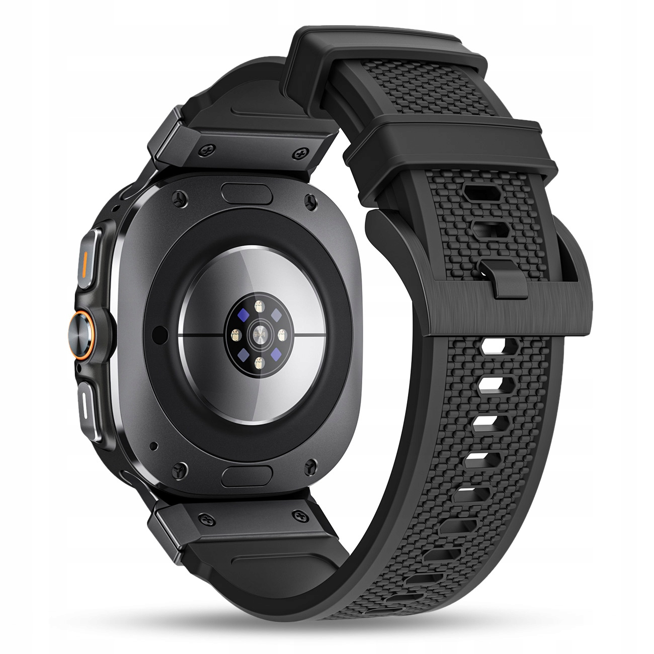 Czarny smartwatch z czujnikiem tętna z tyłu i teksturowanym gumowym paskiem.