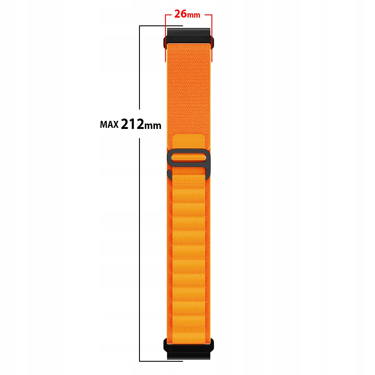 Pomarańczowa opaska zegarka z czarnymi klamrami, wymiary 26mm i 212mm.