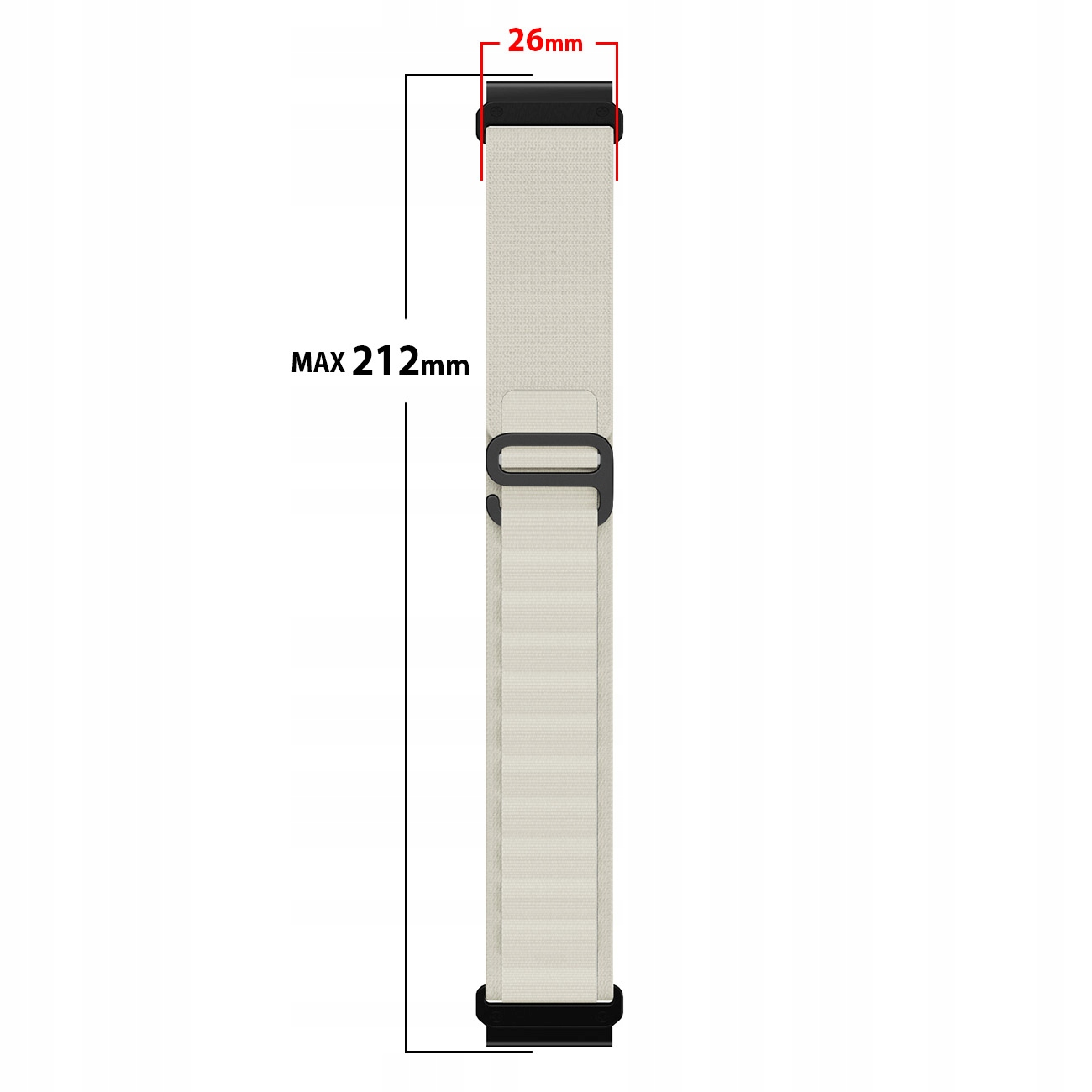 Beżowa opaska na zegarek z czarnymi zapięciami, szerokość 26mm, dł. do 212mm.