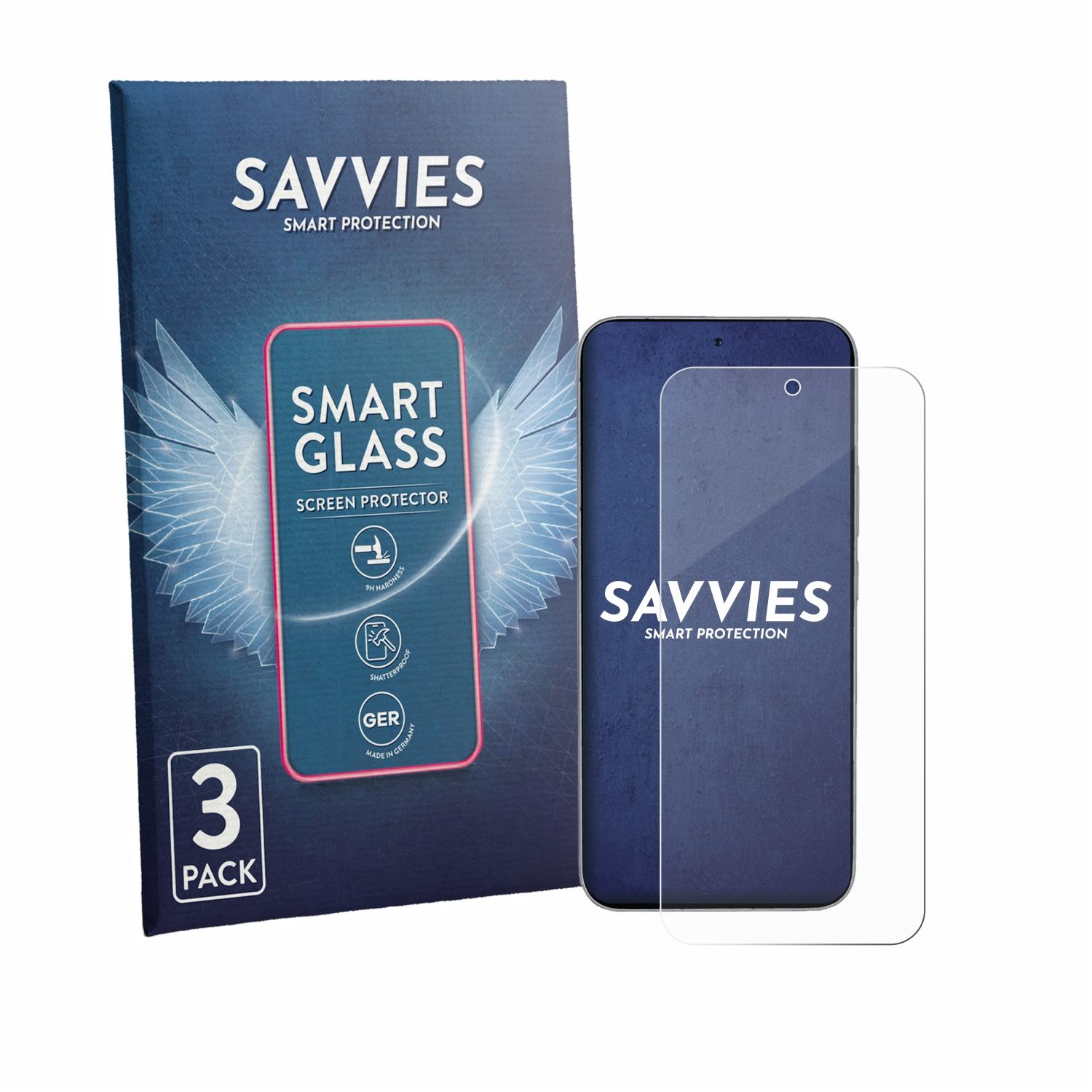 Savvies Smart Glass Displayschutzfolie 3er-Pack neben einem Handy.