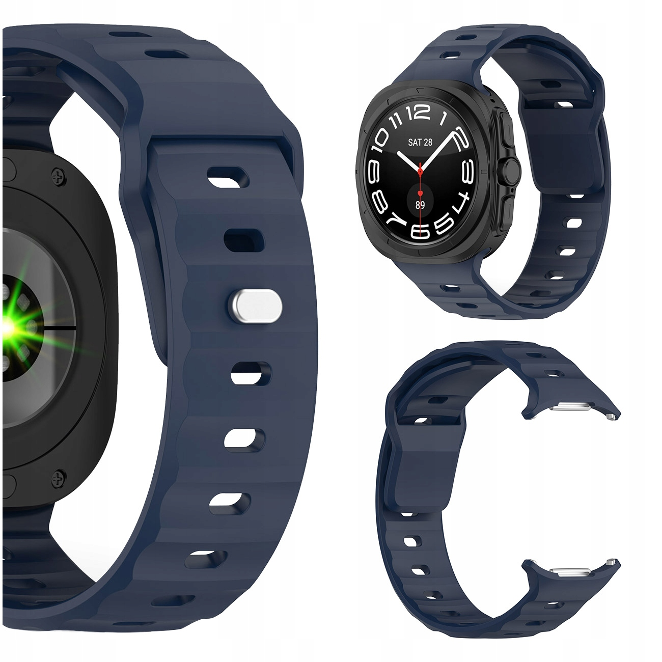 Granatowe paski do zegarka i smartwatch z czarną tarczą na białym tle.
