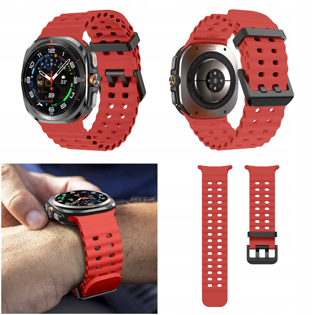 Czerwony smartwatch z perforowaną bransoletą, pokazany z przodu i z tyłu.