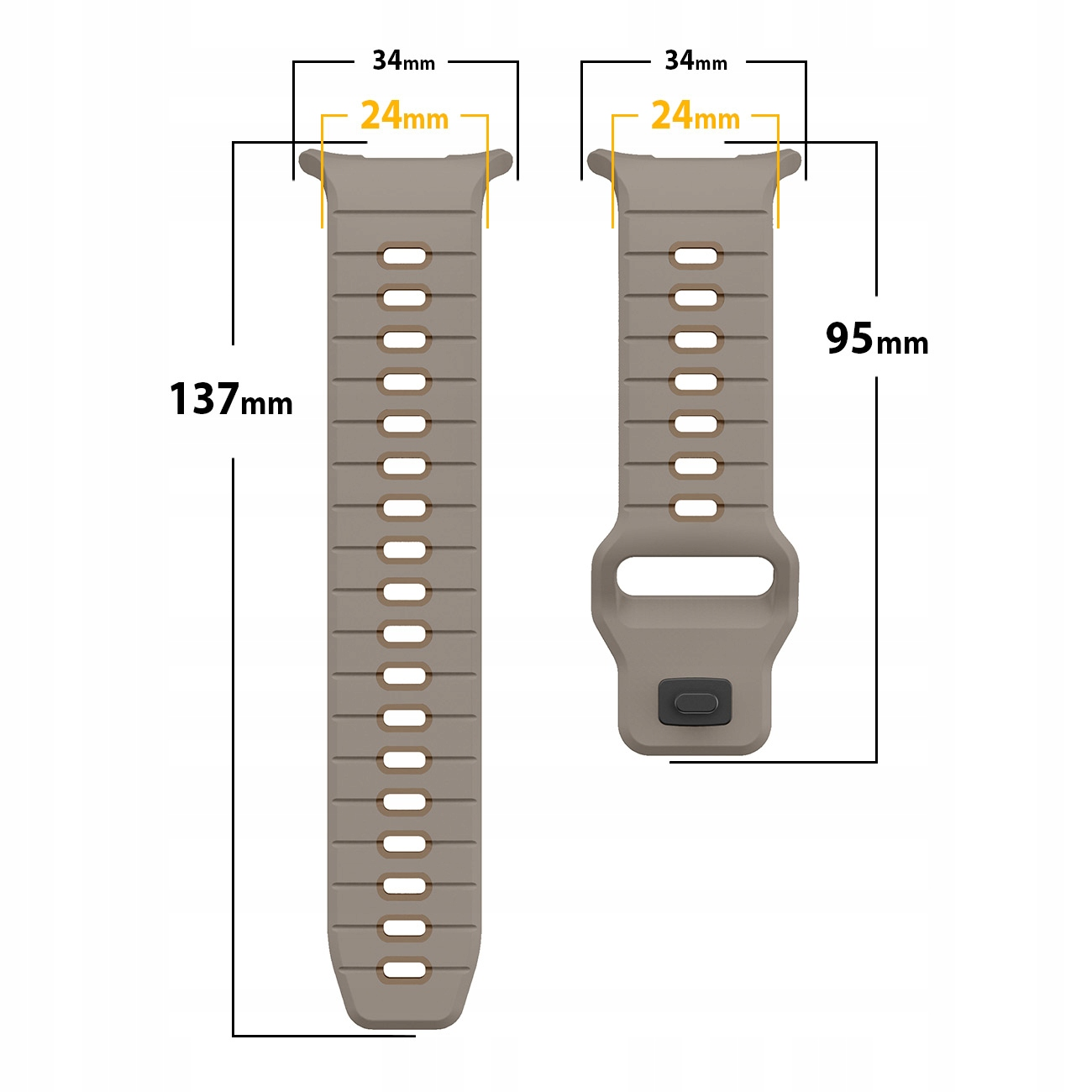 Bransoleta brózowa z wymiarami: długość 137mm, szerokość 34mm/24mm.