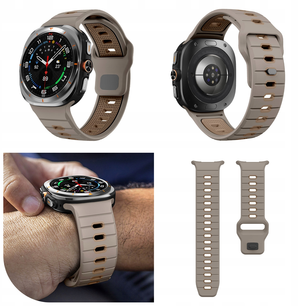 Szary smartwatch z cyfrowym wyświetlaczem noszony na nadgarstku.