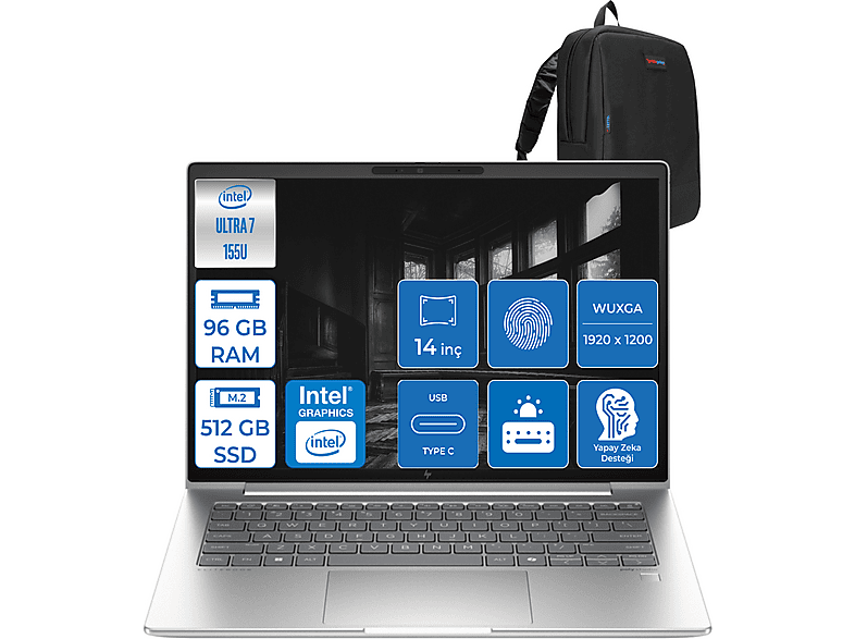 HP EliteBook 640 G11 DDR5 FHD 400NIT WUXGA HA23E2EA24 Intel Core Ultra 7 155U 96 GB RAM 512 GB SSD 14 inç FreeDOS Laptop+Çanta Gümüş