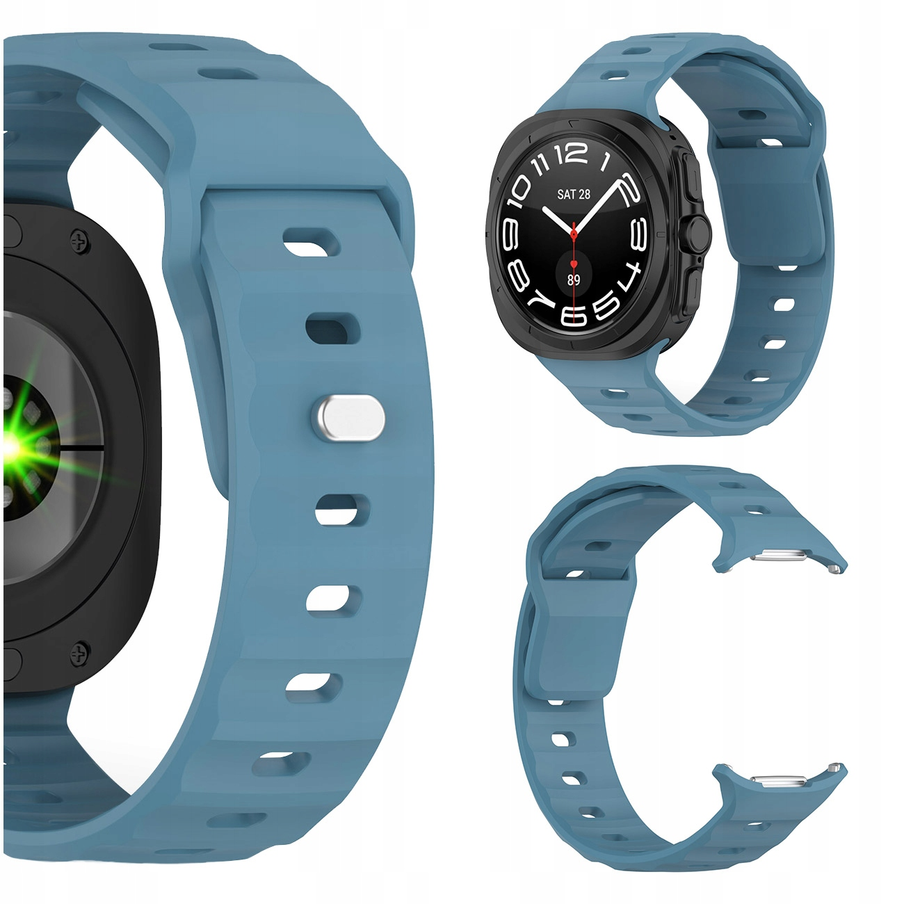 Niebieski smartwatch z niebieskim paskiem, pokazany z dwóch stron.