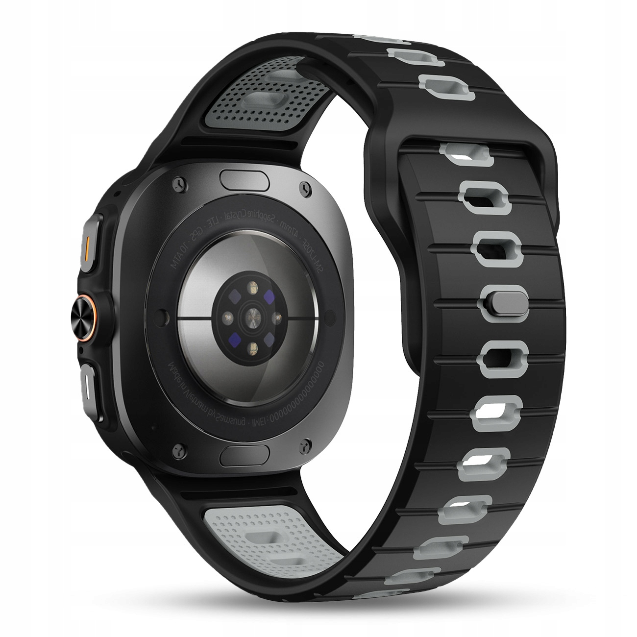 Czarny smartwatch z czujnikiem tętna i szarym akcentem na pasku.