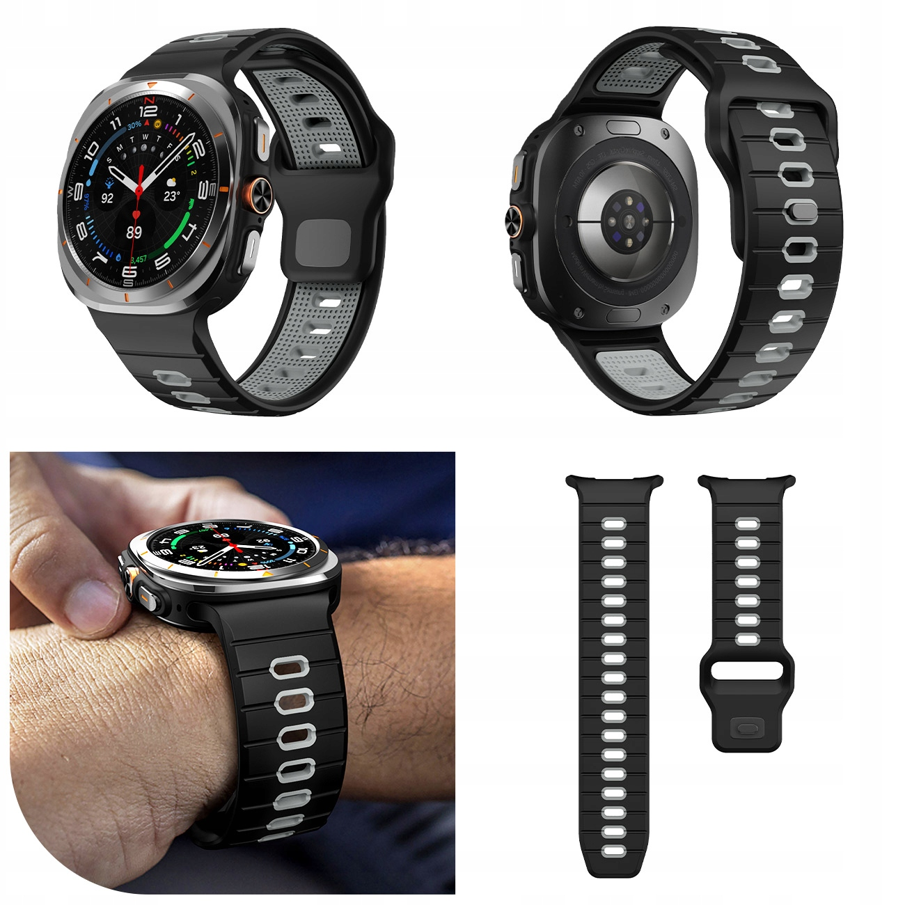 Kolaż trzech obrazów: smartwatch, jego tył i pasek.