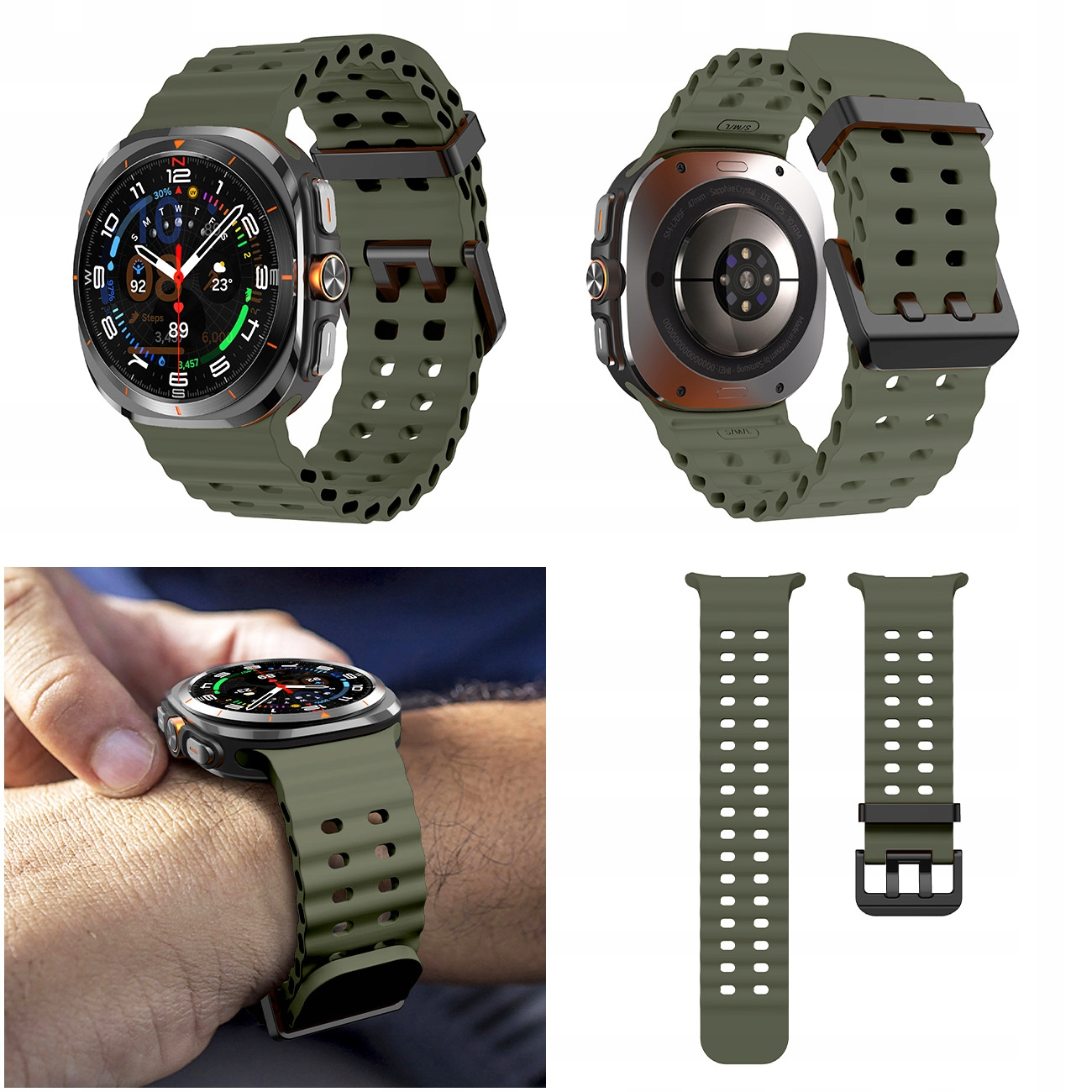 Zielony smartwatch z perforowaną opaską, widok z przodu/tyłu i jeden na nadgarstku.