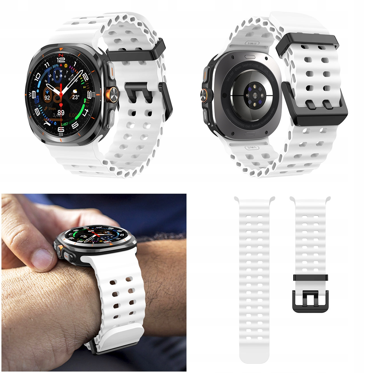 Biały smartwatch z perforowaną bransoletą, widok z przodu i tyłu, na nadgarstku.